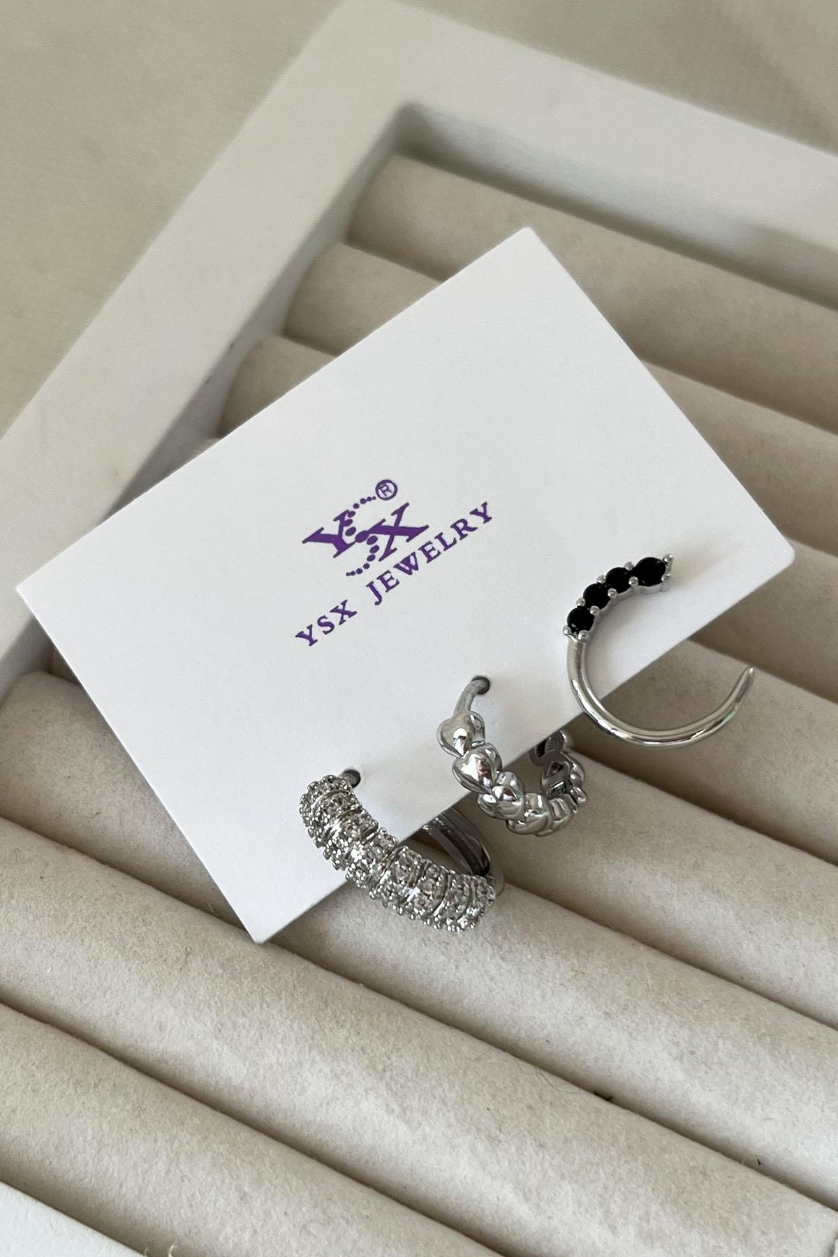 Gümüş Renk Taş Detaylı VİP 3'lü YSX Küpe Set