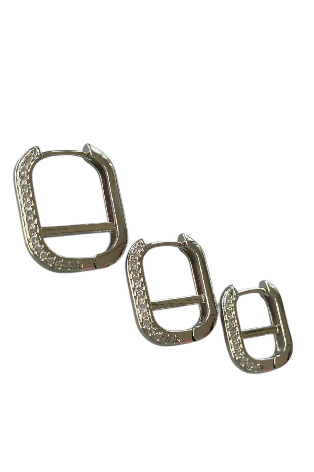 Gümüş Renk Taş Detaylı VİP 3'lü YSX Küpe Set