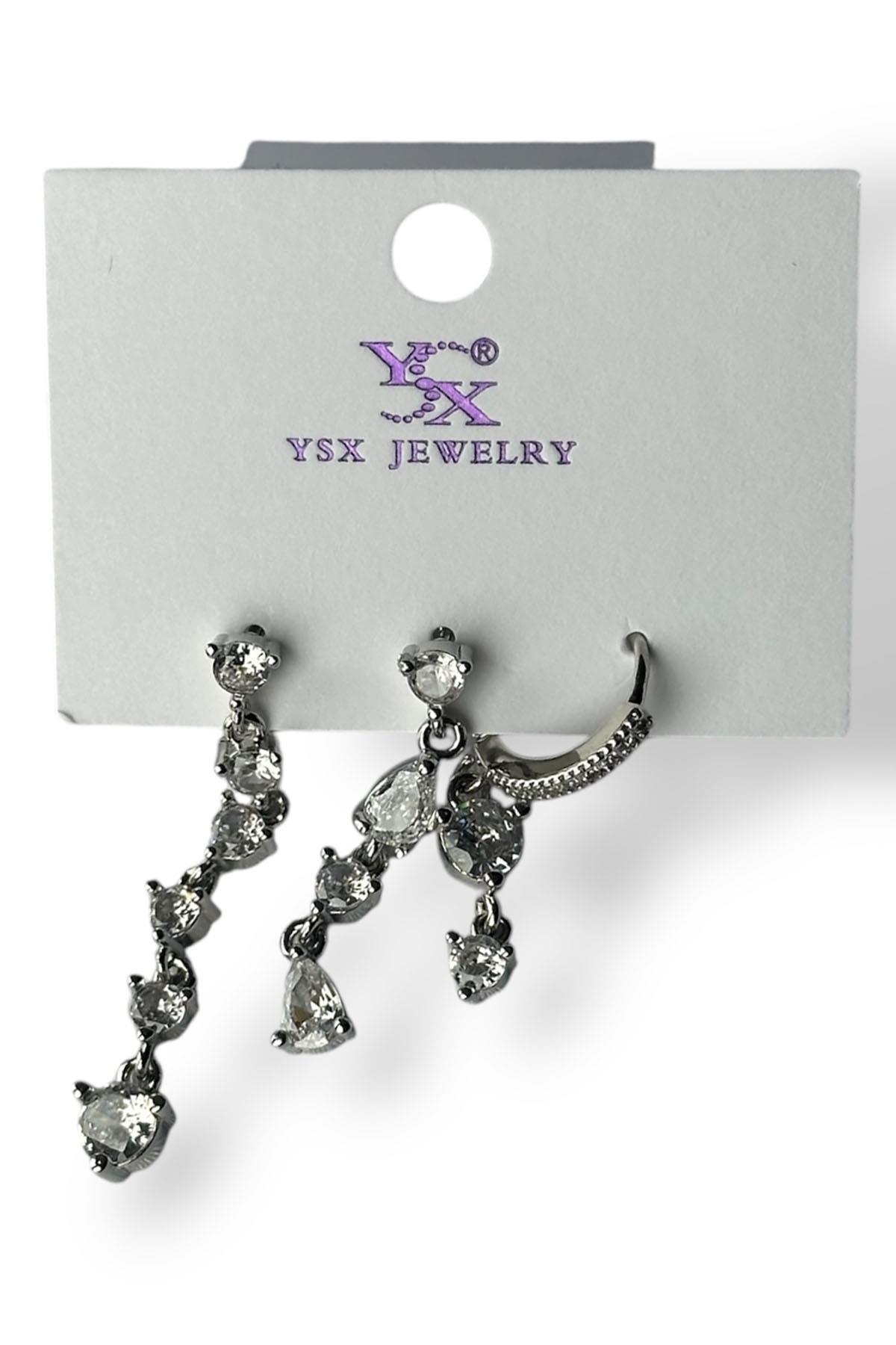 Gümüş Renk Taş Detaylı VİP 3'lü YSX Küpe Set