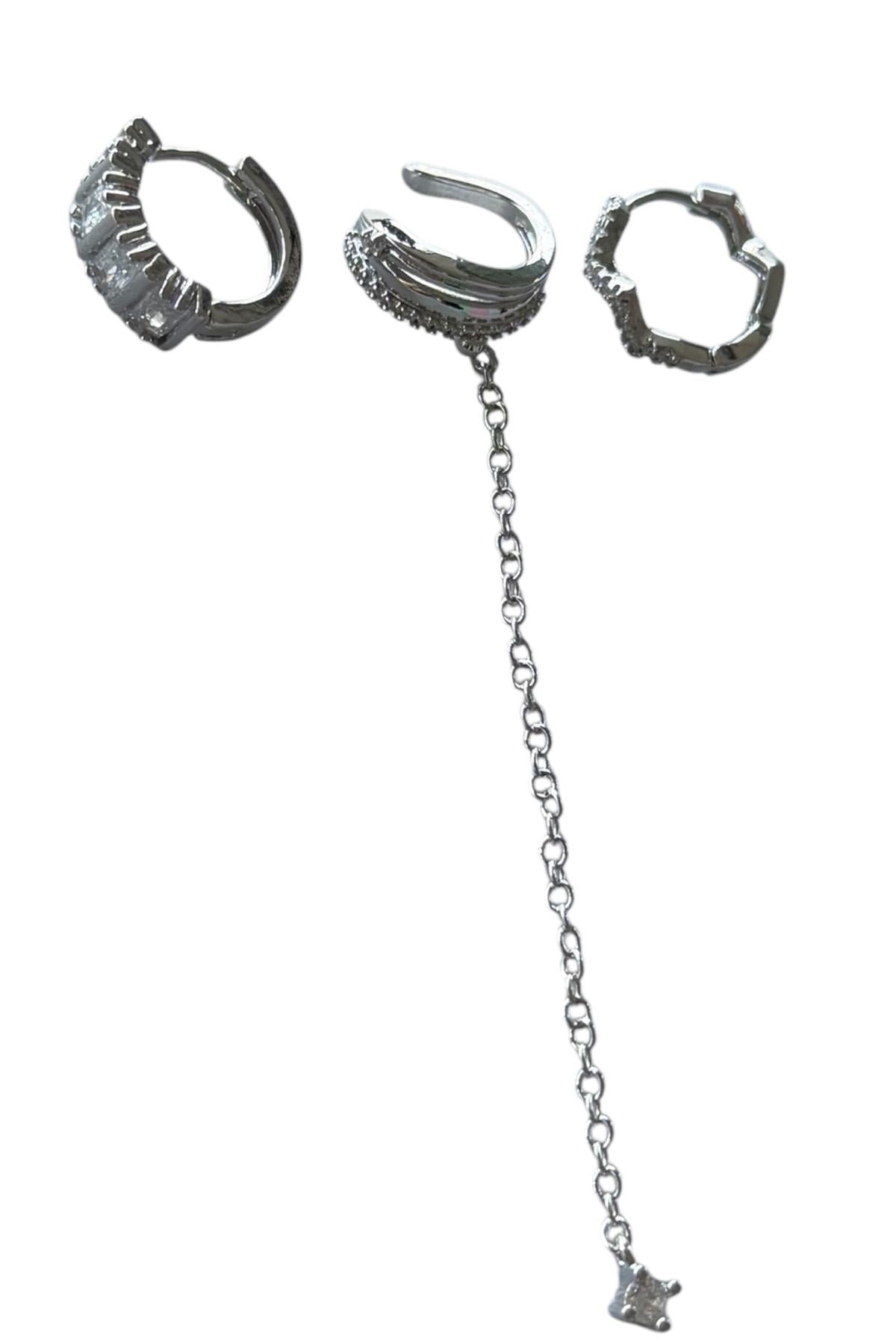 Gümüş Renk Taş Detaylı VİP 3'lü YSX Küpe Set