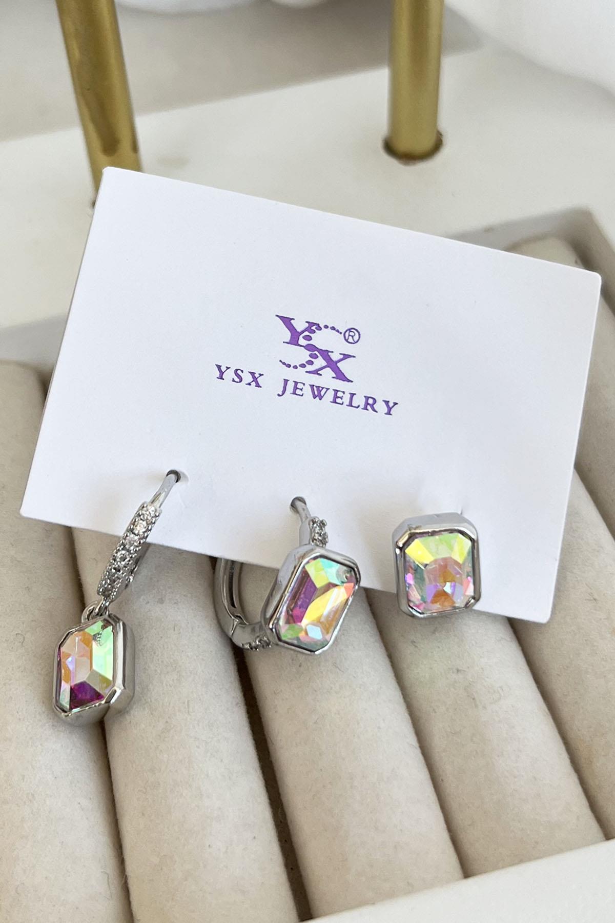 Gümüş Renk Taş Detaylı VİP 3'lü YSX Küpe Set
