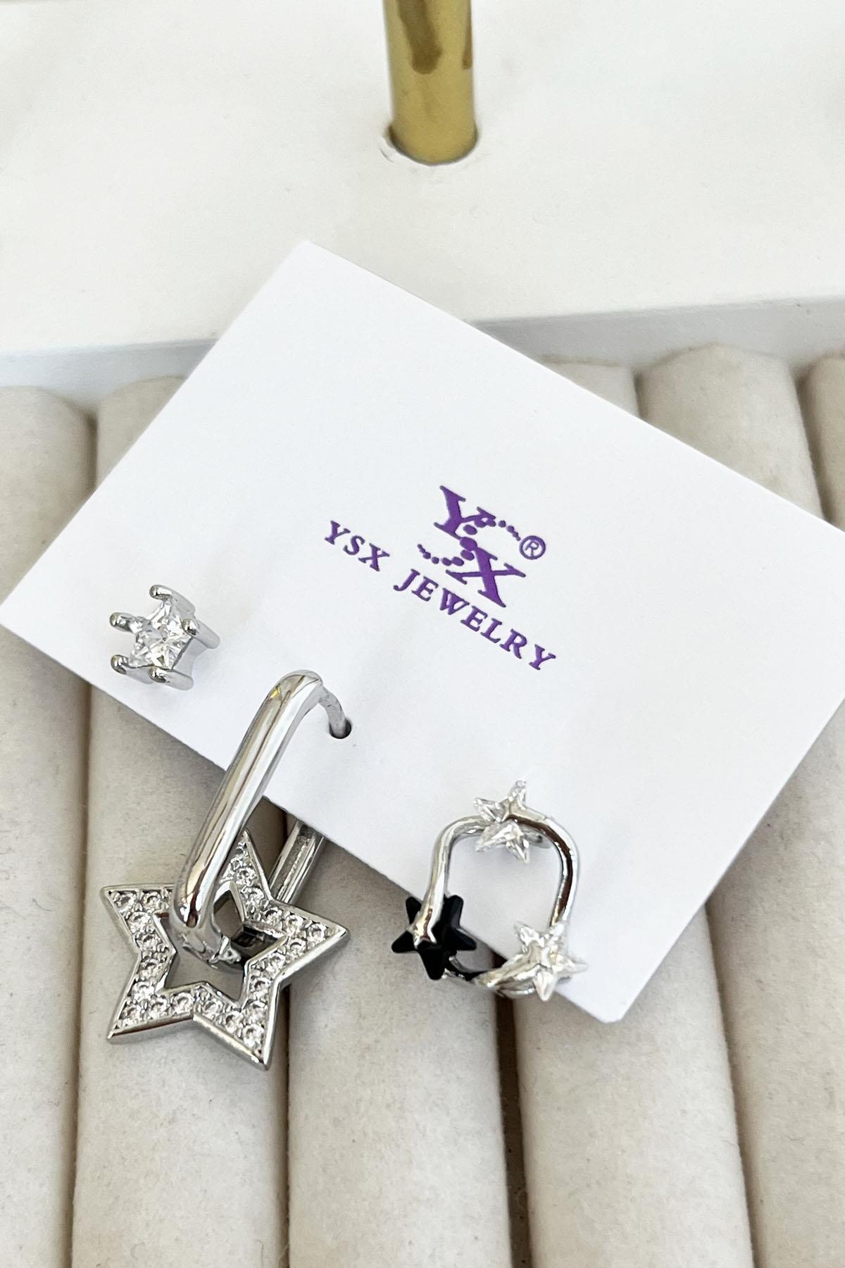 Gümüş Renk Taş Detaylı VİP 3'lü YSX Küpe Set