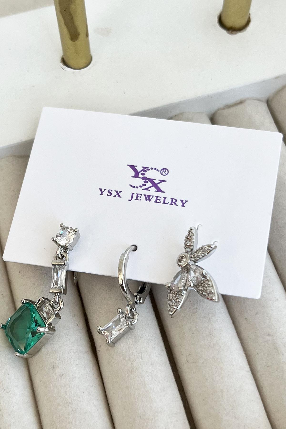 Gümüş Renk Taş Detaylı VİP 3'lü YSX Küpe Set