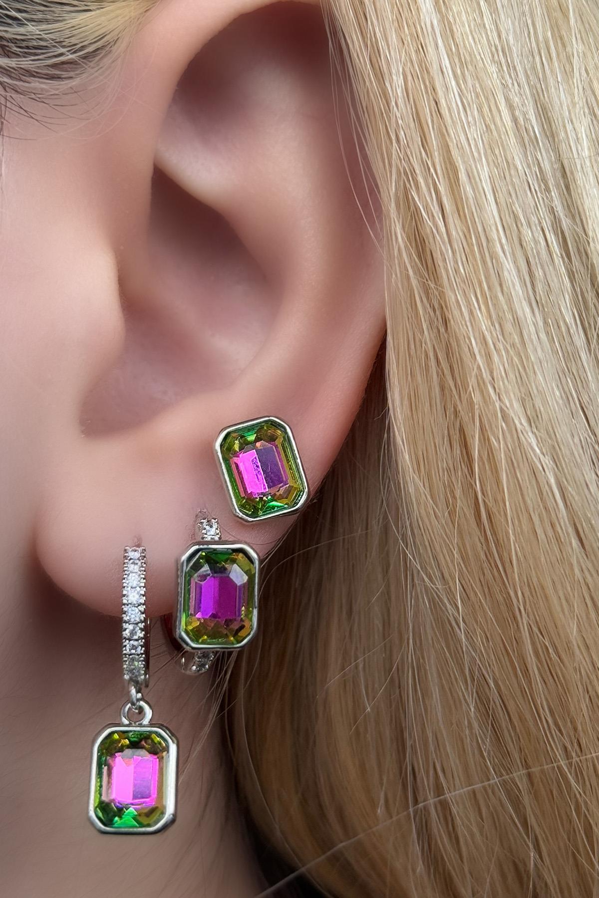 Gümüş Renk Taş Detaylı VİP 3'lü YSX Küpe Set