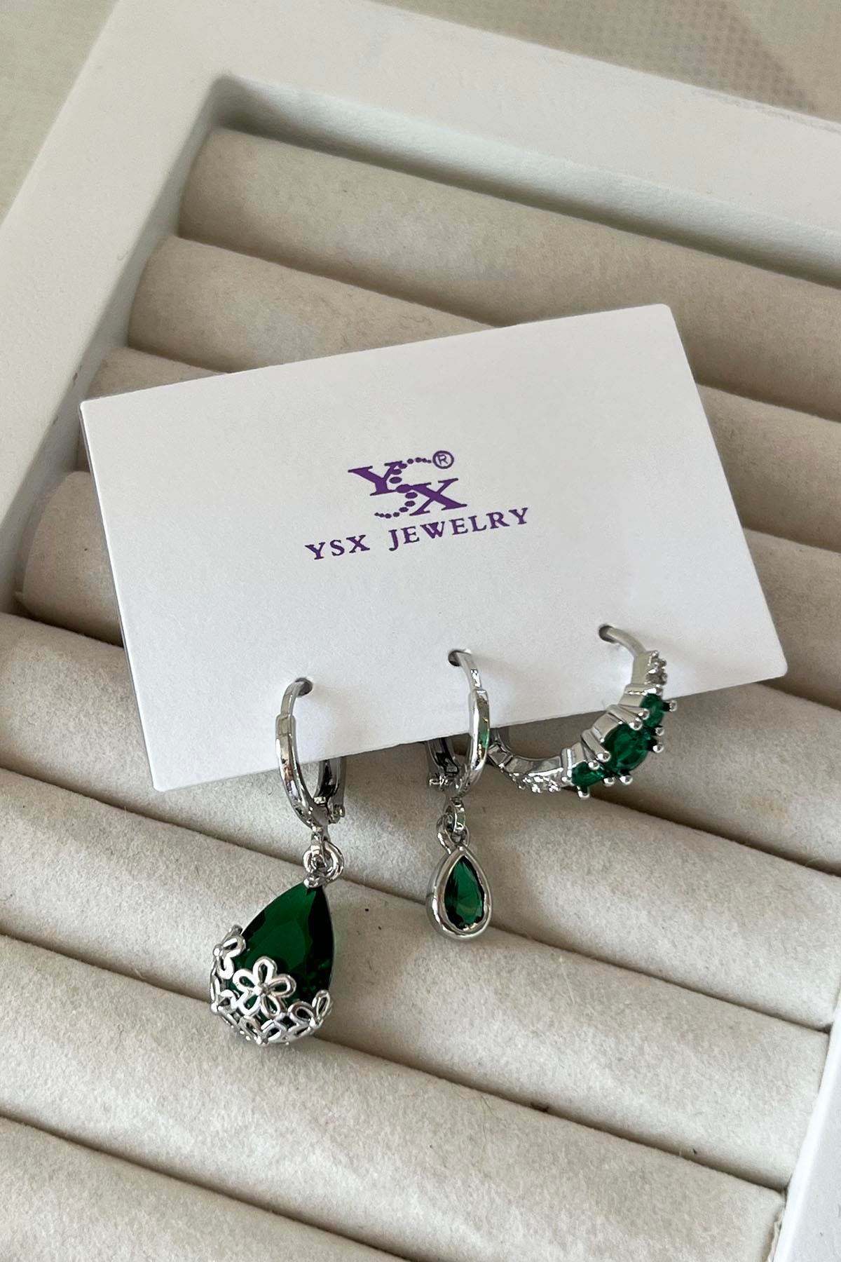 Gümüş Renk Taş Detaylı VİP 3'lü YSX Küpe Set