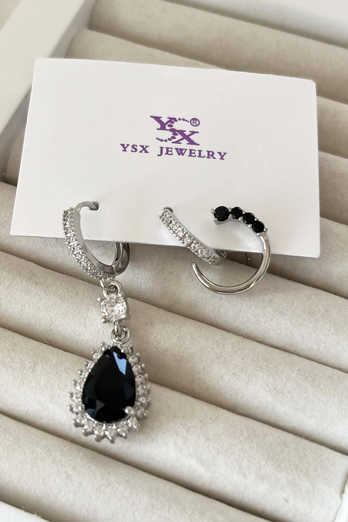 Gümüş Renk Taş Detaylı VİP 3'lü YSX Küpe Set