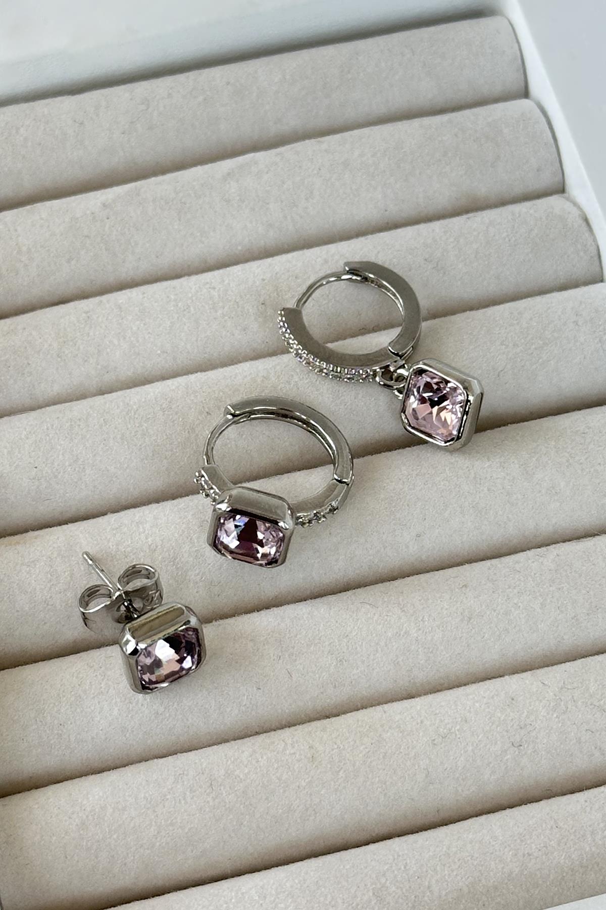 Gümüş Renk Taş Detaylı VİP 3'lü YSX Küpe Set