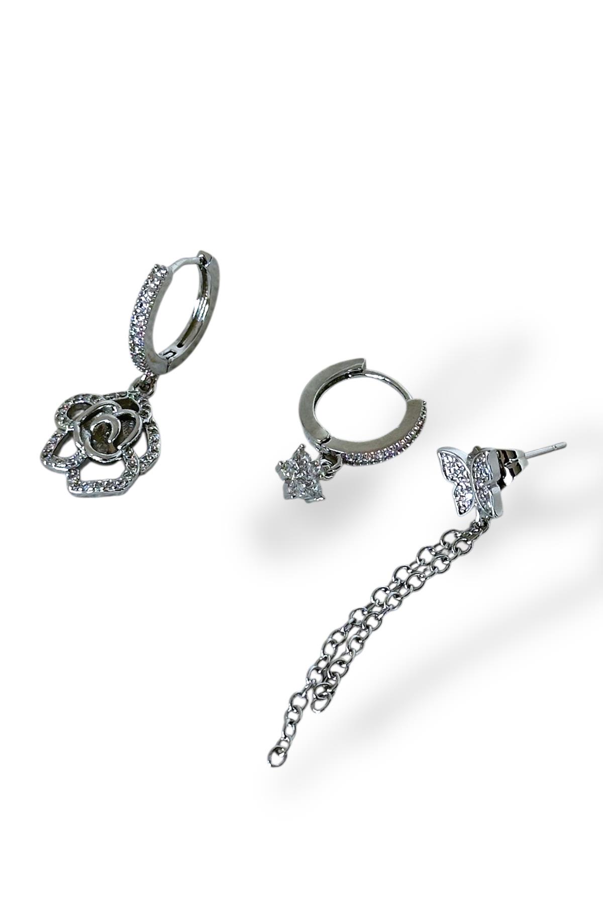 Gümüş Renk Taş Detaylı VİP 3'lü YSX Küpe Set