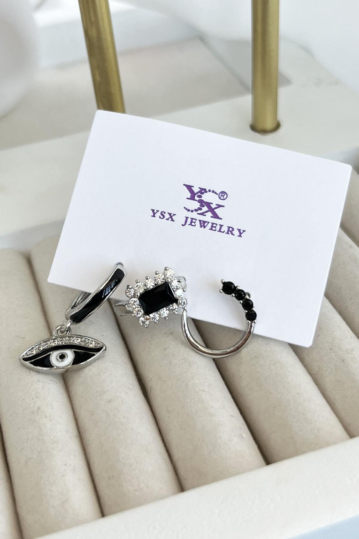 Gümüş Renk Taş Detaylı VİP 3'lü YSX Küpe Set