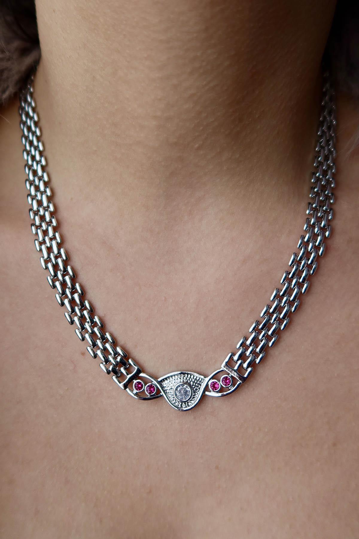 Gümüş Renk Taşlı Zincir Detaylı VİP YSX Kolye