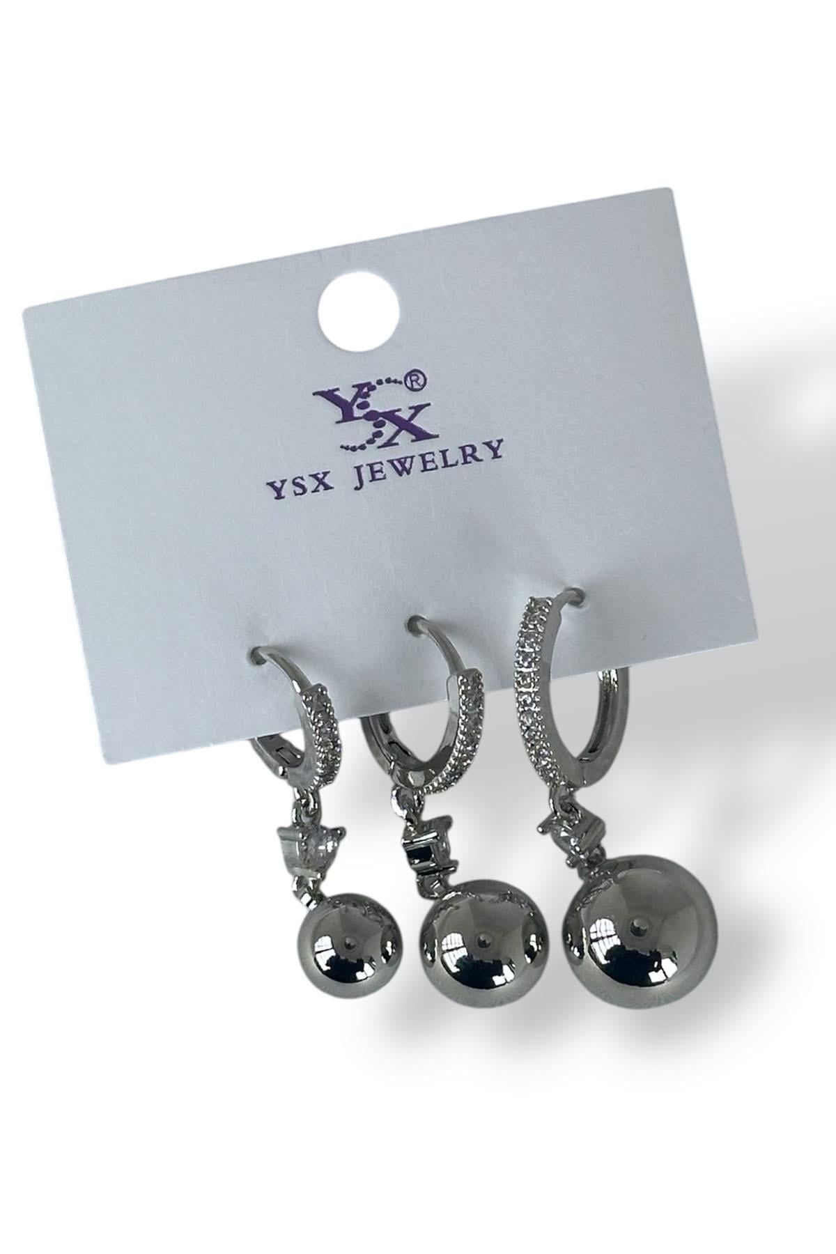 Gümüş Renk Top Detaylı VİP 3'lü YSX Küpe Set