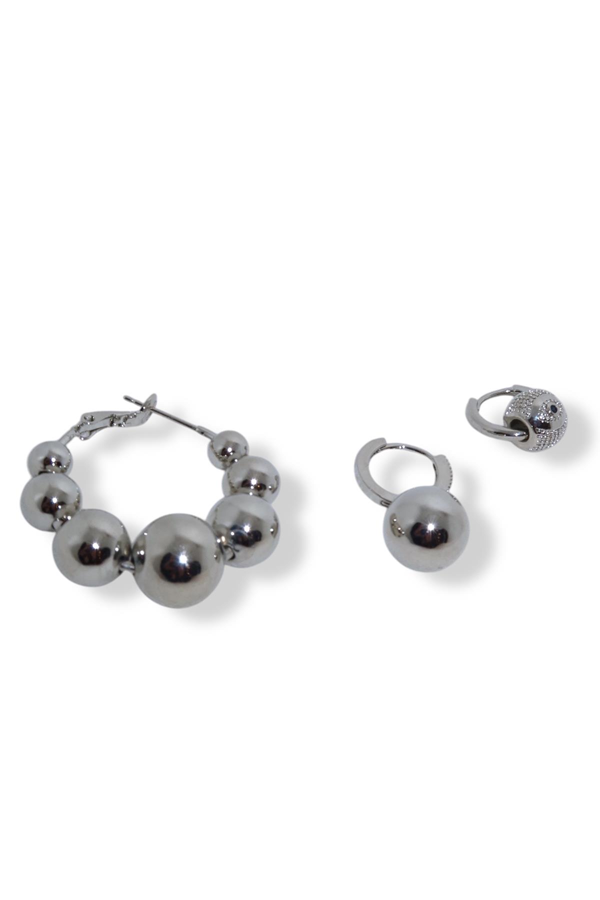 Gümüş Renk Top Detaylı VİP 3'lü YSX Küpe Set