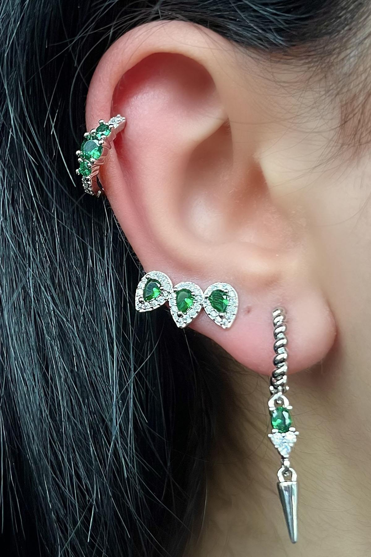 Gümüş Renk Yeşil Taş Detaylı VİP 3'lü YSX Küpe Set