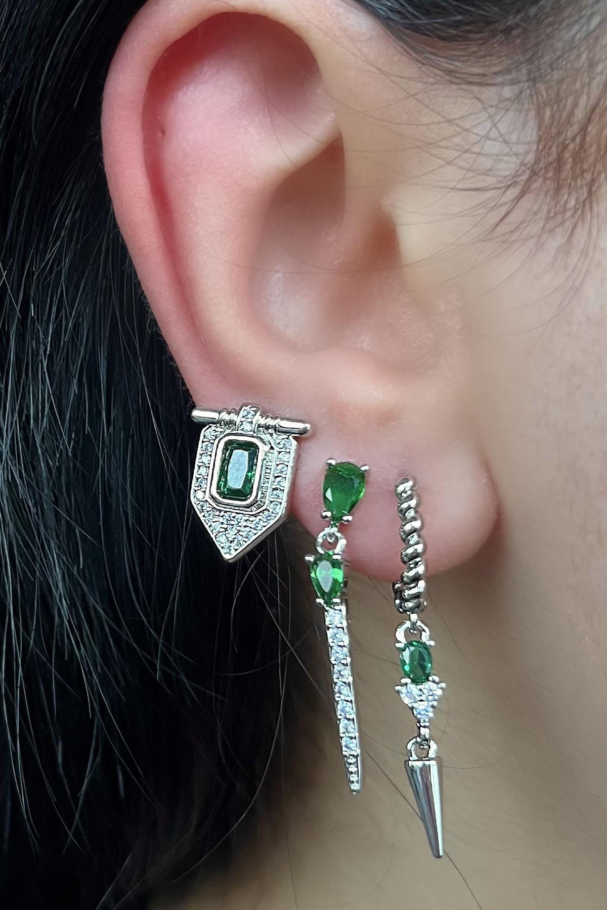 Gümüş Renk Yeşil Taş Detaylı VİP 3'lü YSX Küpe Set