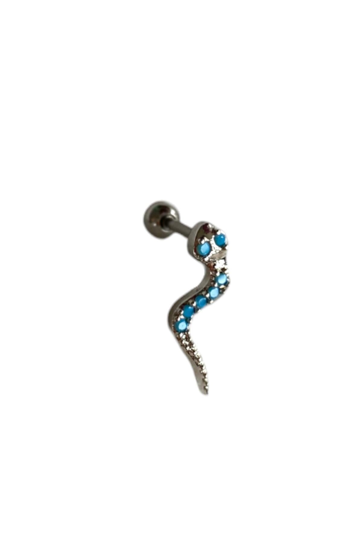 Gümüş Renk Yılan Figürlü Taş Detaylı Cerrahi Çelik Tragus/Kıkırdak Küpe/Piercing (Tek)