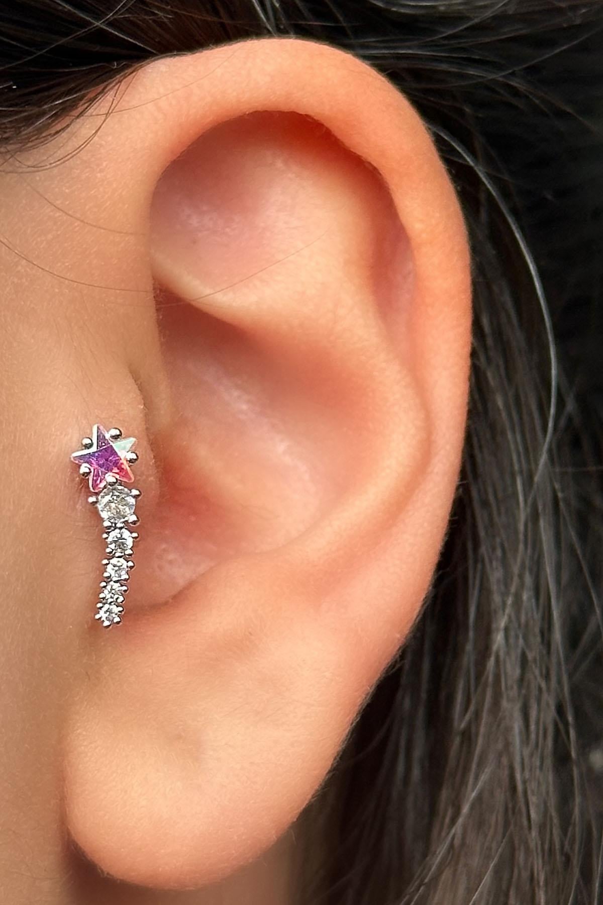 Gümüş Renk Yıldız Figürlü Çelik Tragus/Kıkırdak Küpe/Piercing (Tek)