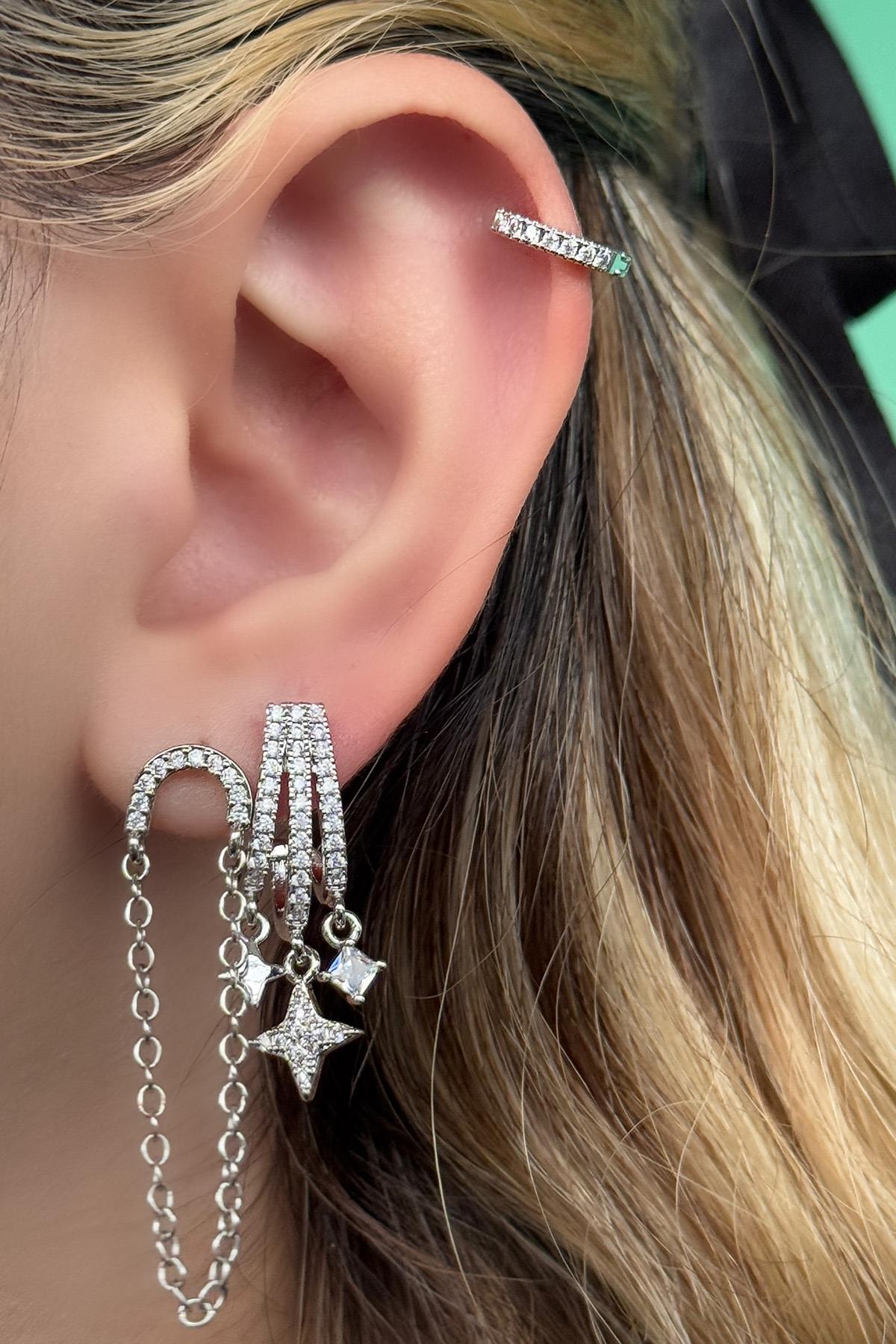 Gümüş Renk Yıldız Figürlü Taş Detaylı VİP 3'lü YSX Küpe Set