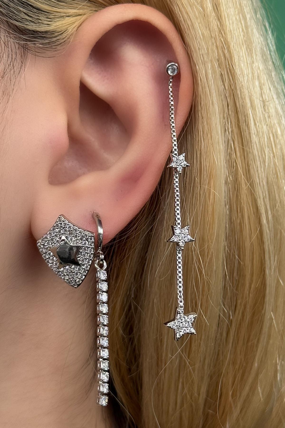 Gümüş Renk Yıldız Figürlü Taş Detaylı VİP 3'lü YSX Küpe Set