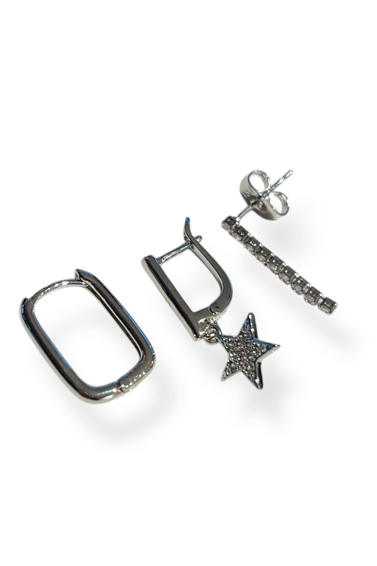 Gümüş Renk Yıldız Figürlü Taş Detaylı  VİP 3'lü YSX Küpe Set