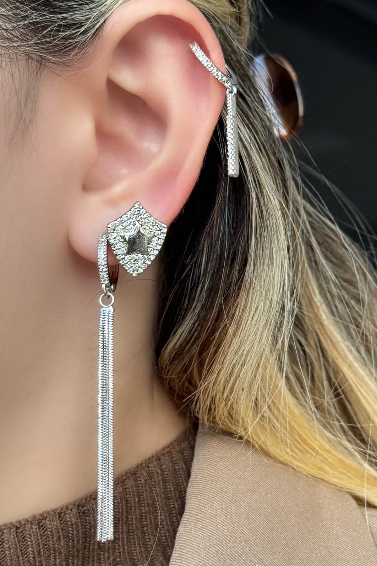 Gümüş Renk Yıldız Figürlü Taş Detaylı VİP 3'lü YSX Küpe Set