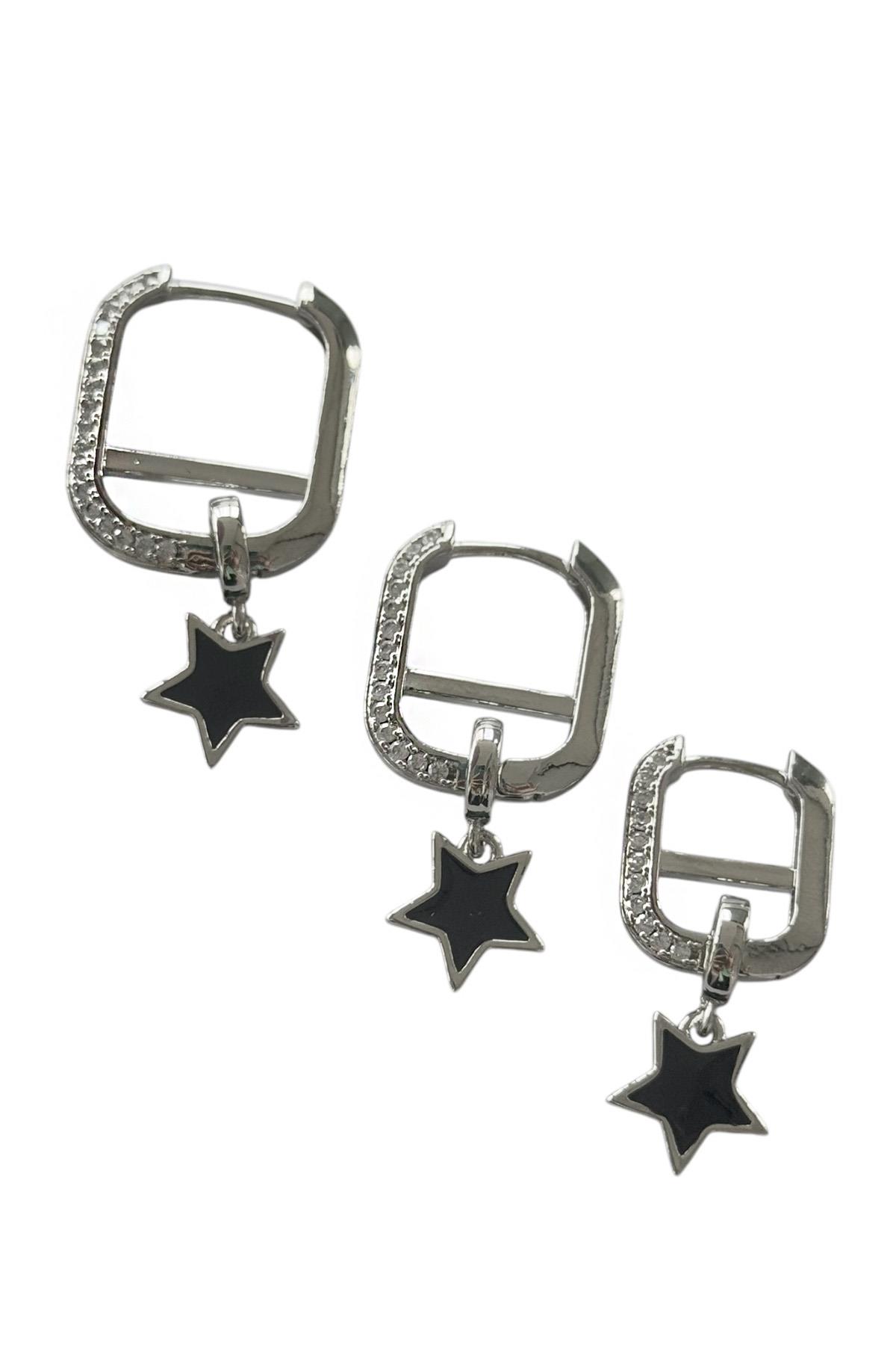 Gümüş Renk Yıldız Figürlü Taş Detaylı VİP 3'lü YSX Küpe Set