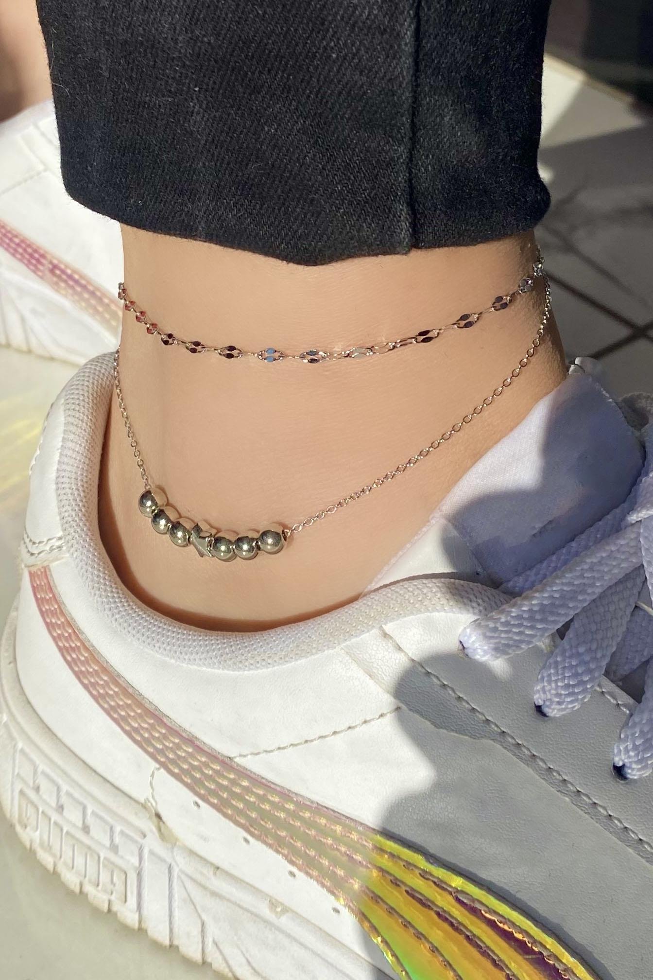 Gümüş Renk Yıldız Ve Boncuk Figürlü Çelik Halhal