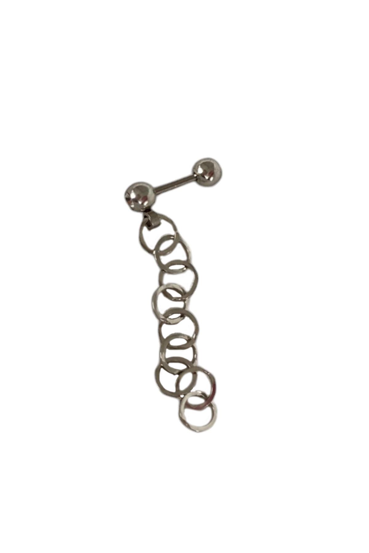 Gümüş Renk Zincir Detaylı Cerrahi Çelik Tragus/Kıkırdak Küpe/Piercing (Tek)