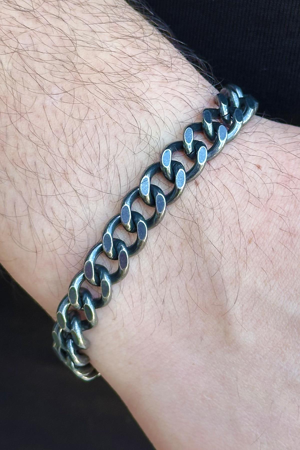 Gümüş Renk Zincir Detaylı Erkek Çelik Bileklik