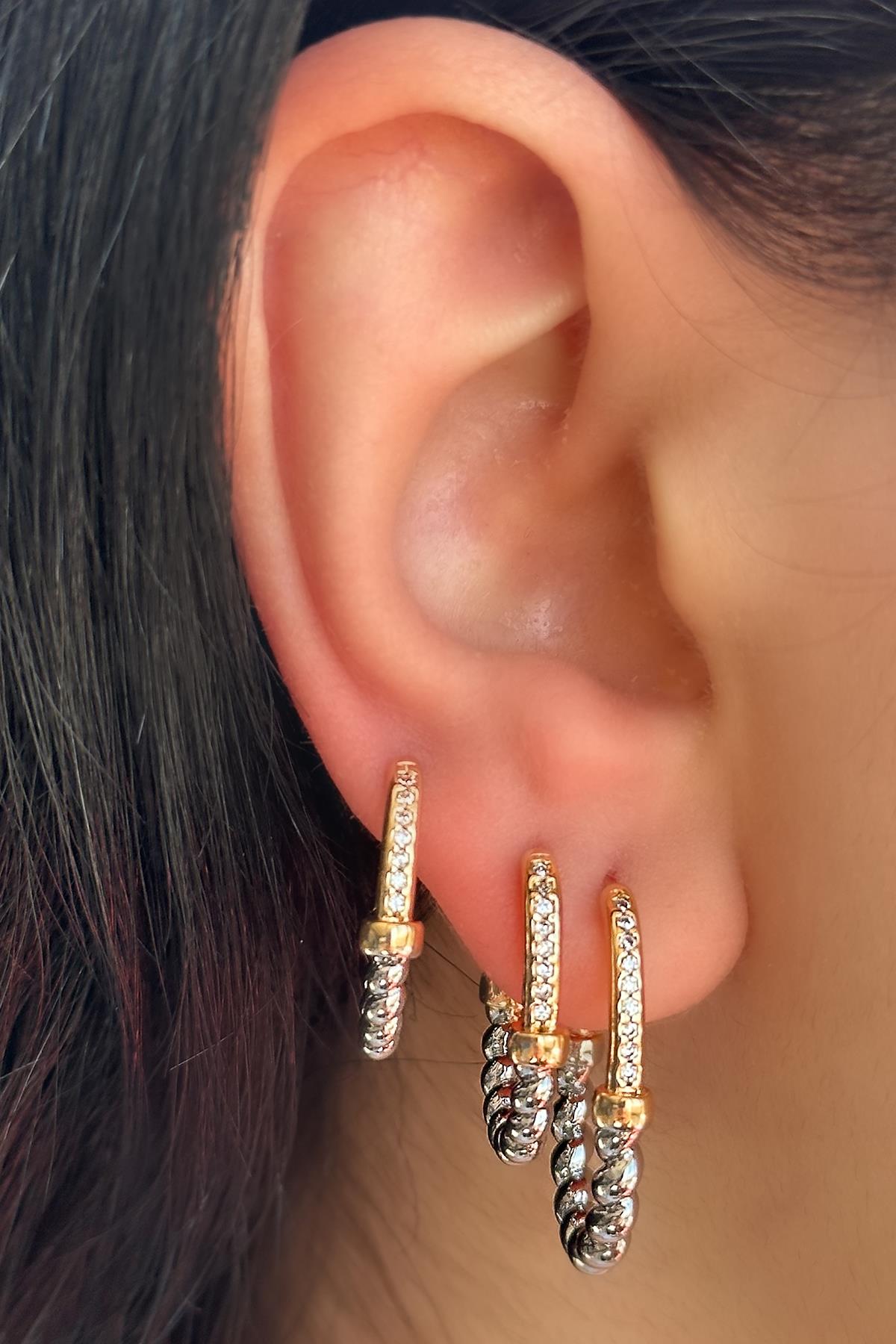 Gümüş Ve Altın Renk Burgu Detaylı 3'lü YSX Küpe Set