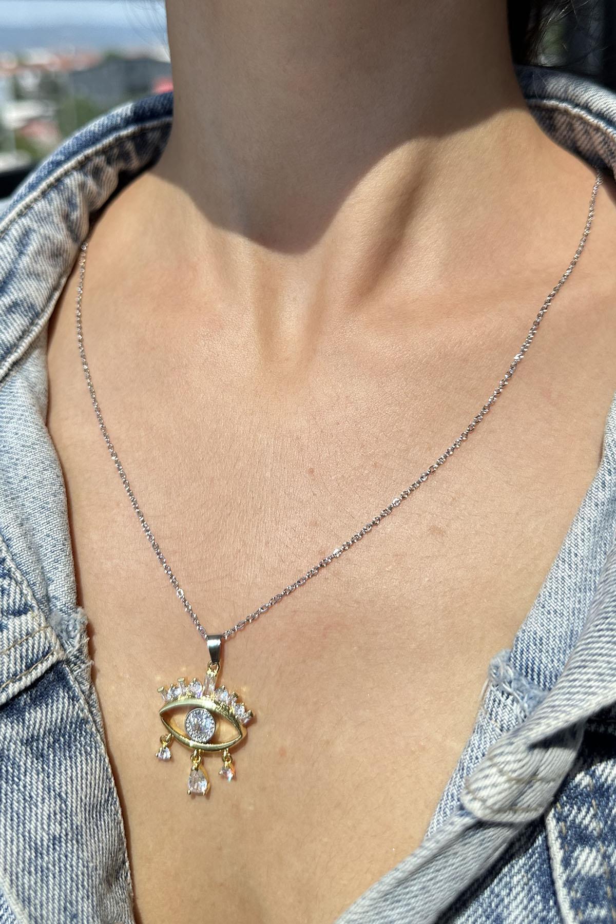 Gümüş Ve Altın Renk Göz Figürlü Taş Detaylı Çelik Kolye