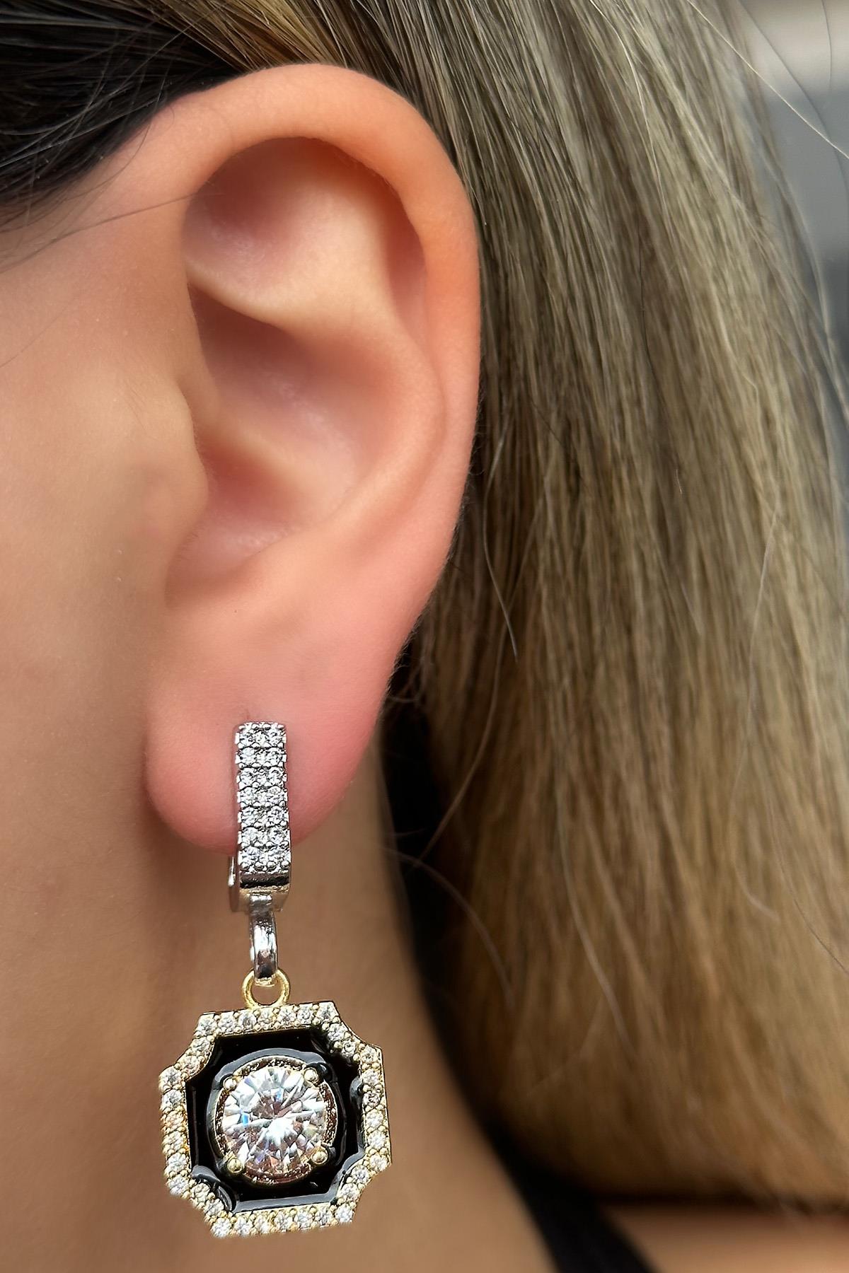 Gümüş Ve Altın Renk Taş Detaylı Küpe (Çift)