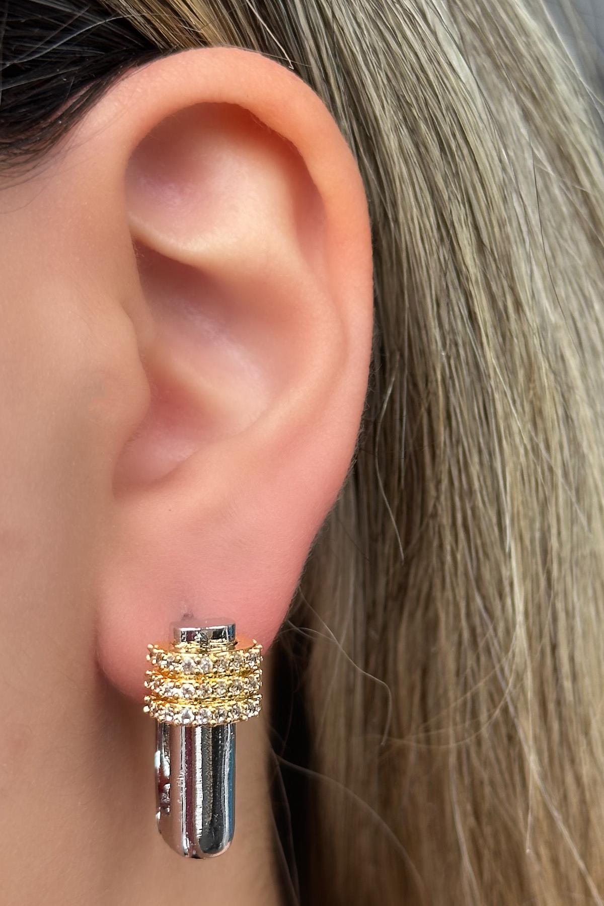 Gümüş Ve Altın Renk Taş Detaylı Küpe (Çift)