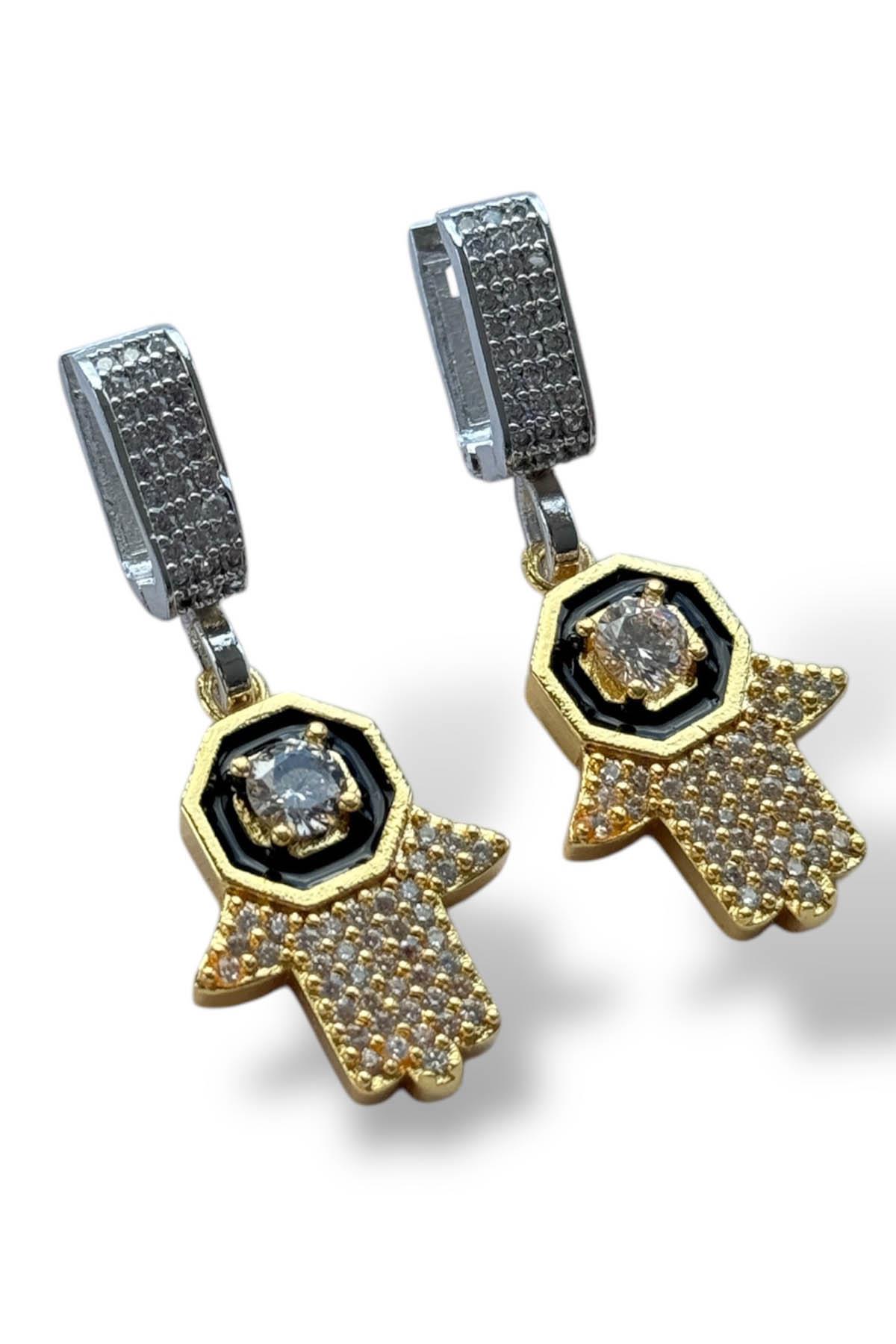 Gümüş Ve Altın Renk Taş Detaylı Küpe (Çift)