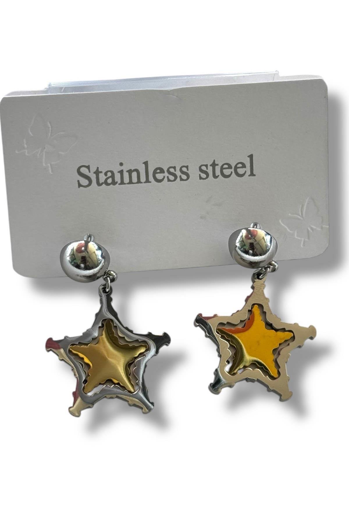 Gümüş Ve Altın Renk Yıldız Figürlü Çelik Küpe (Çift)