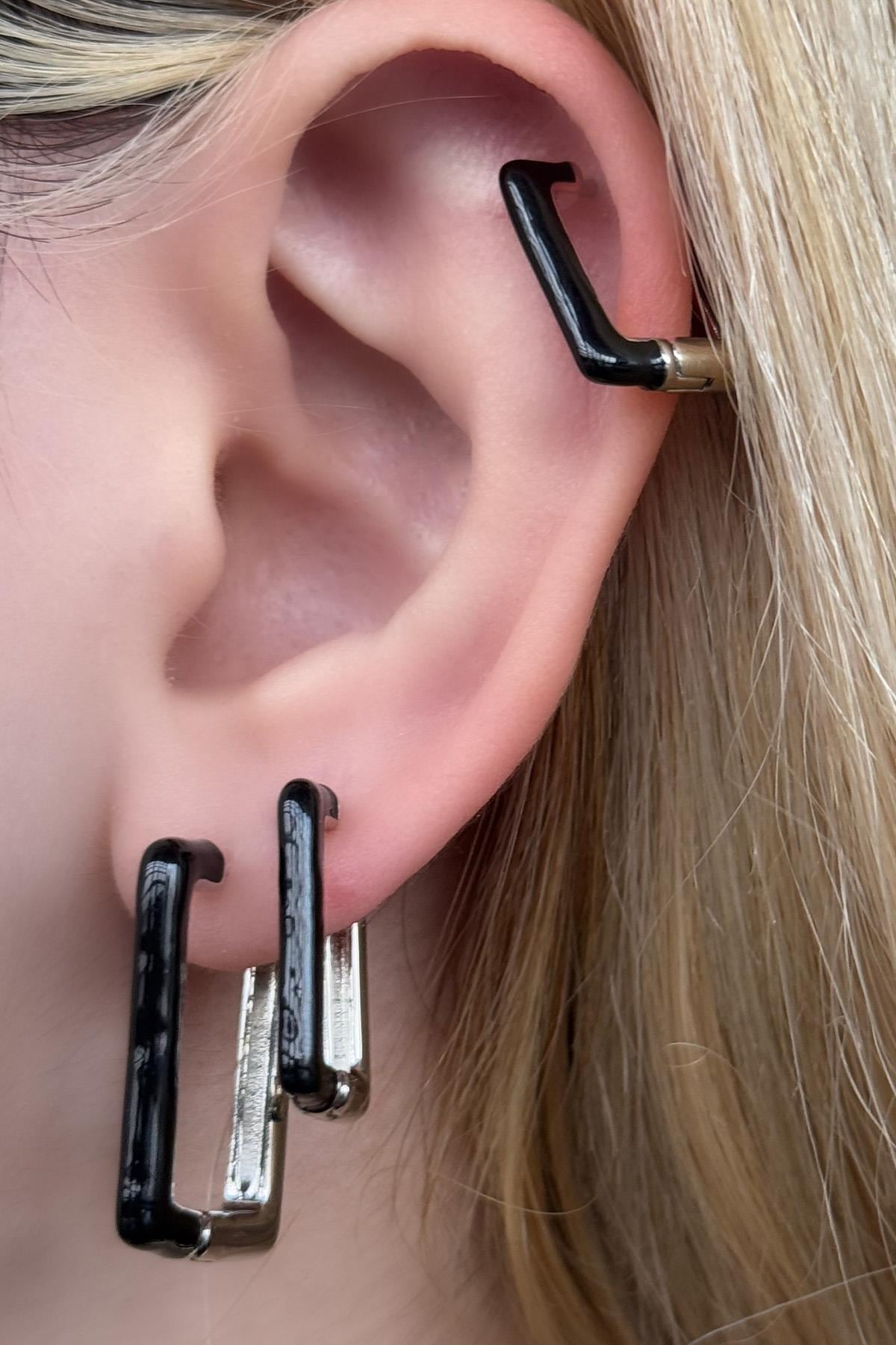 Gümüş Ve Siyah Renk VİP 3'lü YSX Küpe Set