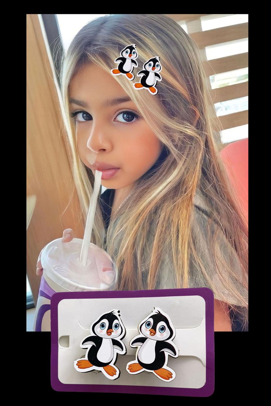 İkili Penguen Figürlü Çocuk Pens Toka Set 