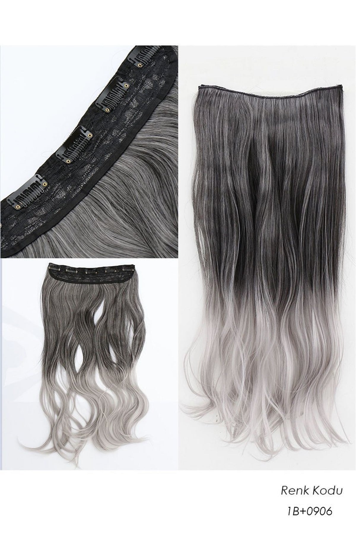 Isıya Dayanıklı Yarımay Çıt Çıt Saç Gri Ombre / Dalgalı / 60 Cm / 110 Gr / HT1BT0960