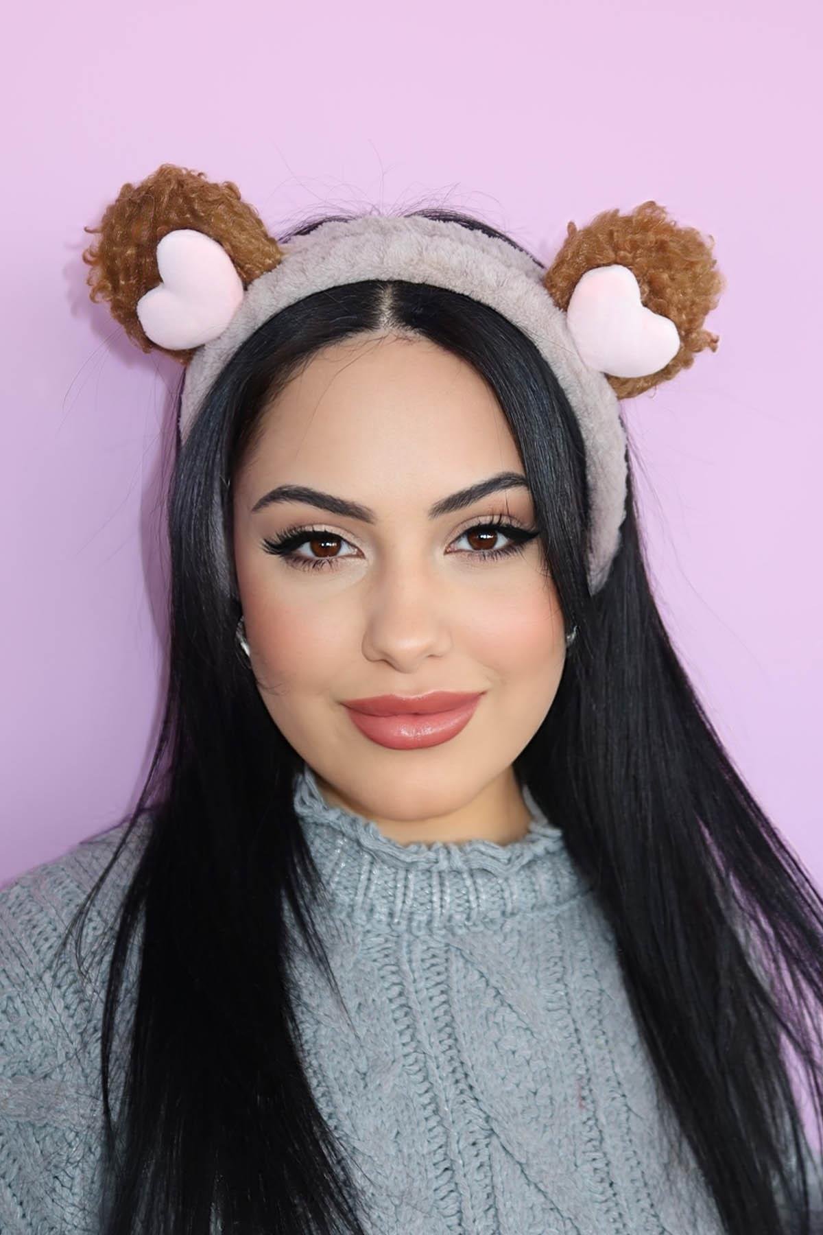 Kahverengi Kalp Figürlü Peluş Saç Bandı