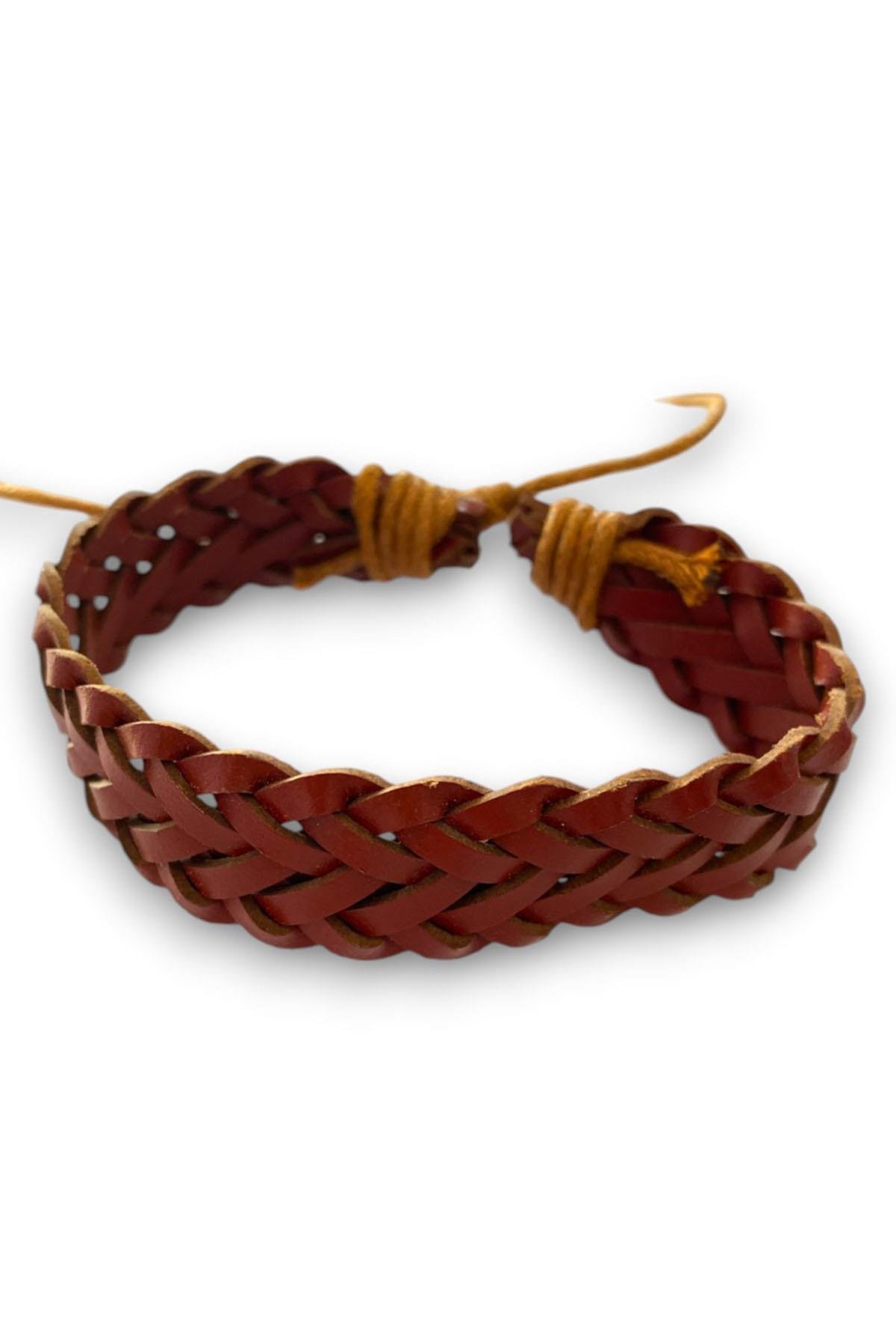 Kahverengi Örgü Figürlü Deri Erkek Bileklik