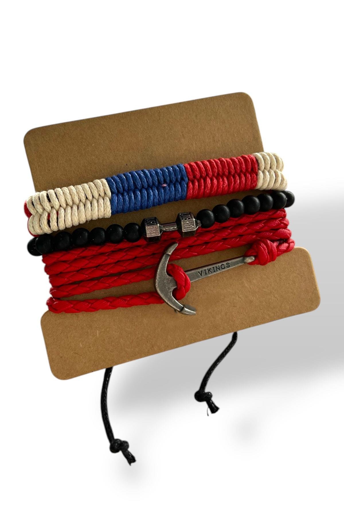 Karışık Renk Çapa Figürlü Erkek Çoklu Deri Bileklik