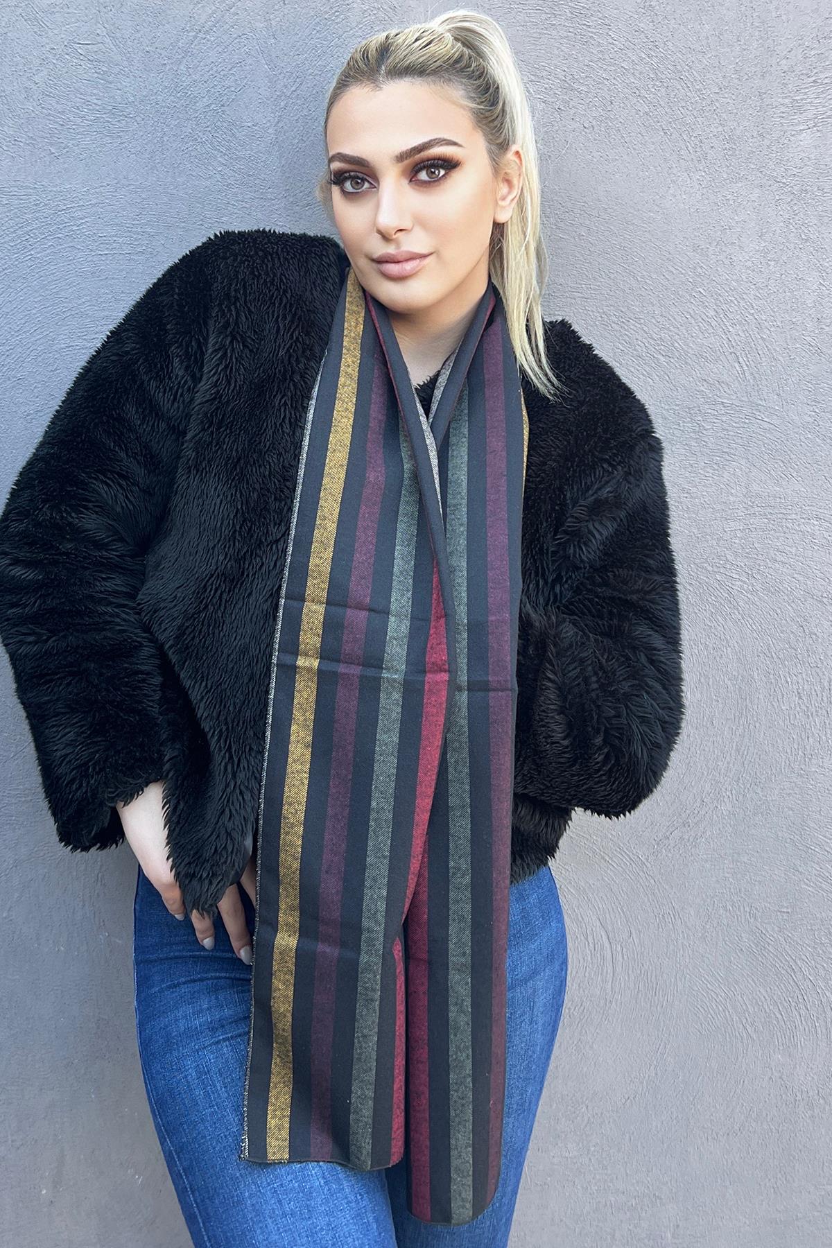 Karışık Renk Çizgili Unisex Atkı