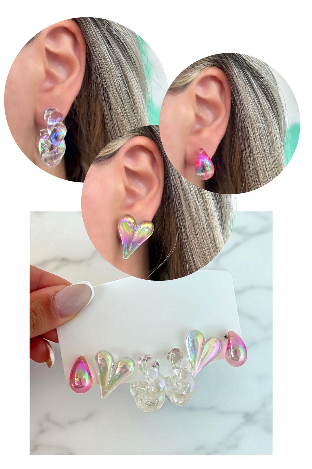 Karışık Renk Hologramlı 6'lı Küpe Set