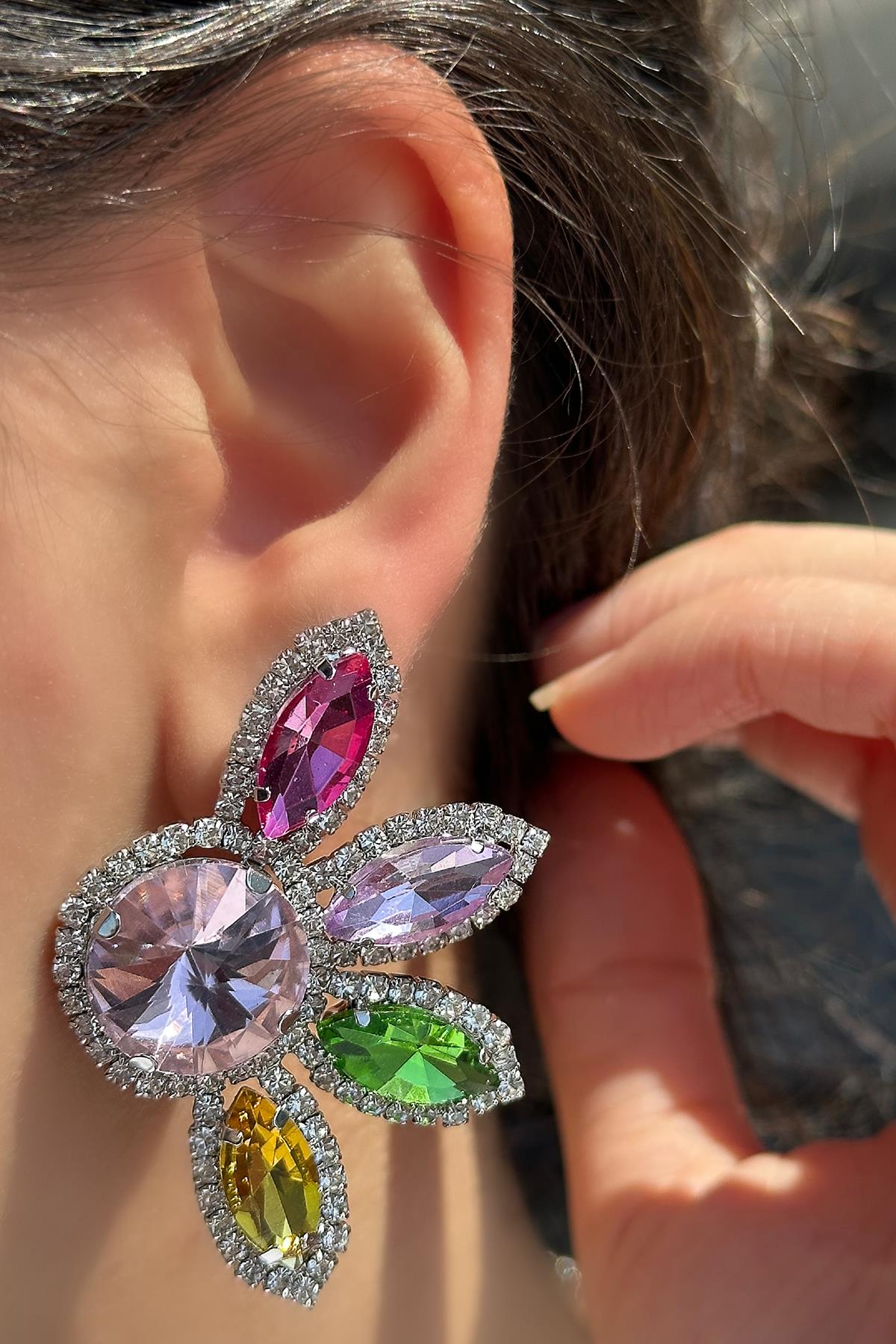 Karışık Renk Taş Detaylı Abiye Küpe (Çift)