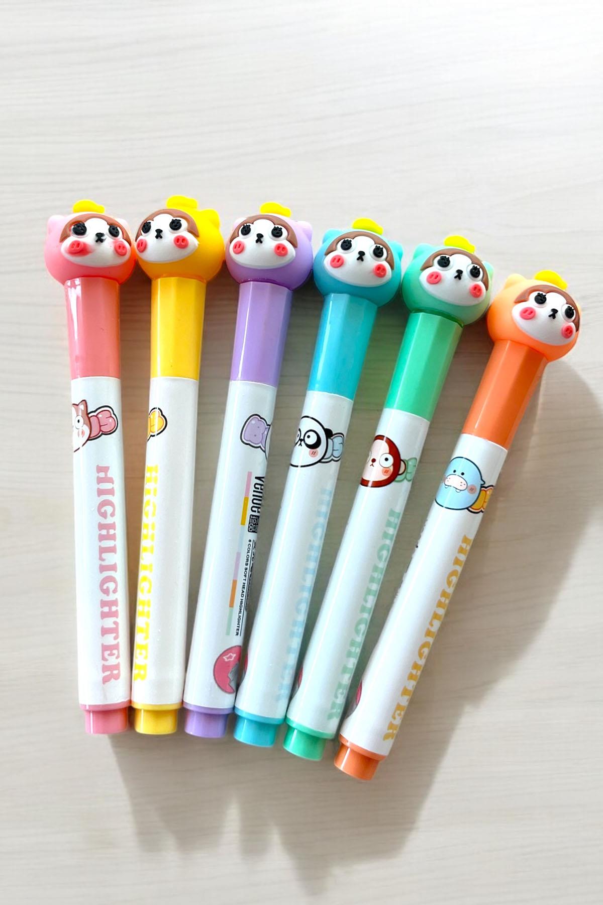 Kedi Figürlü 6'lı Fosforlu Kalem Set