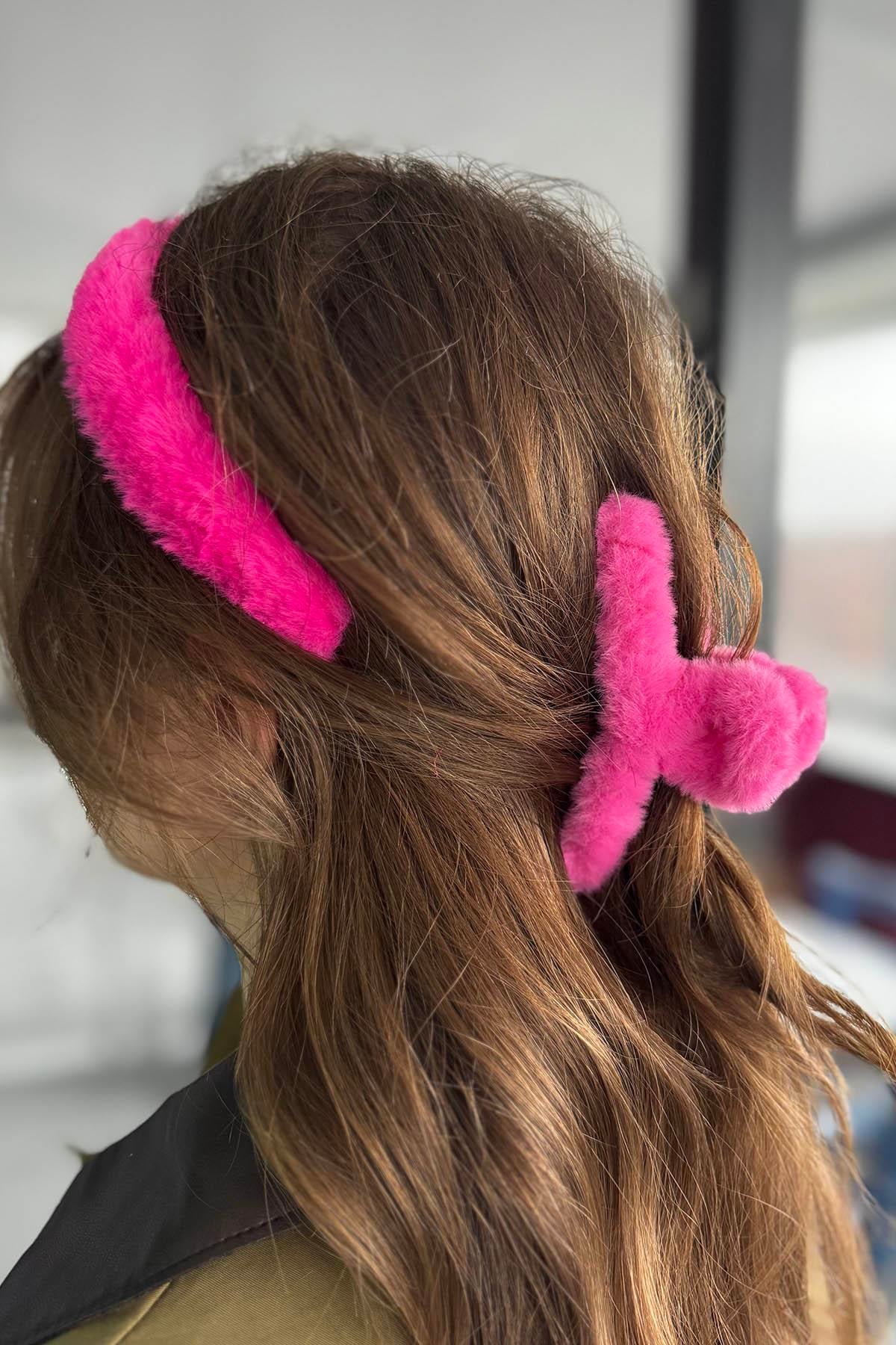 Koyu Pembe Renk Peluş Mandal Toka Ve Taç Set