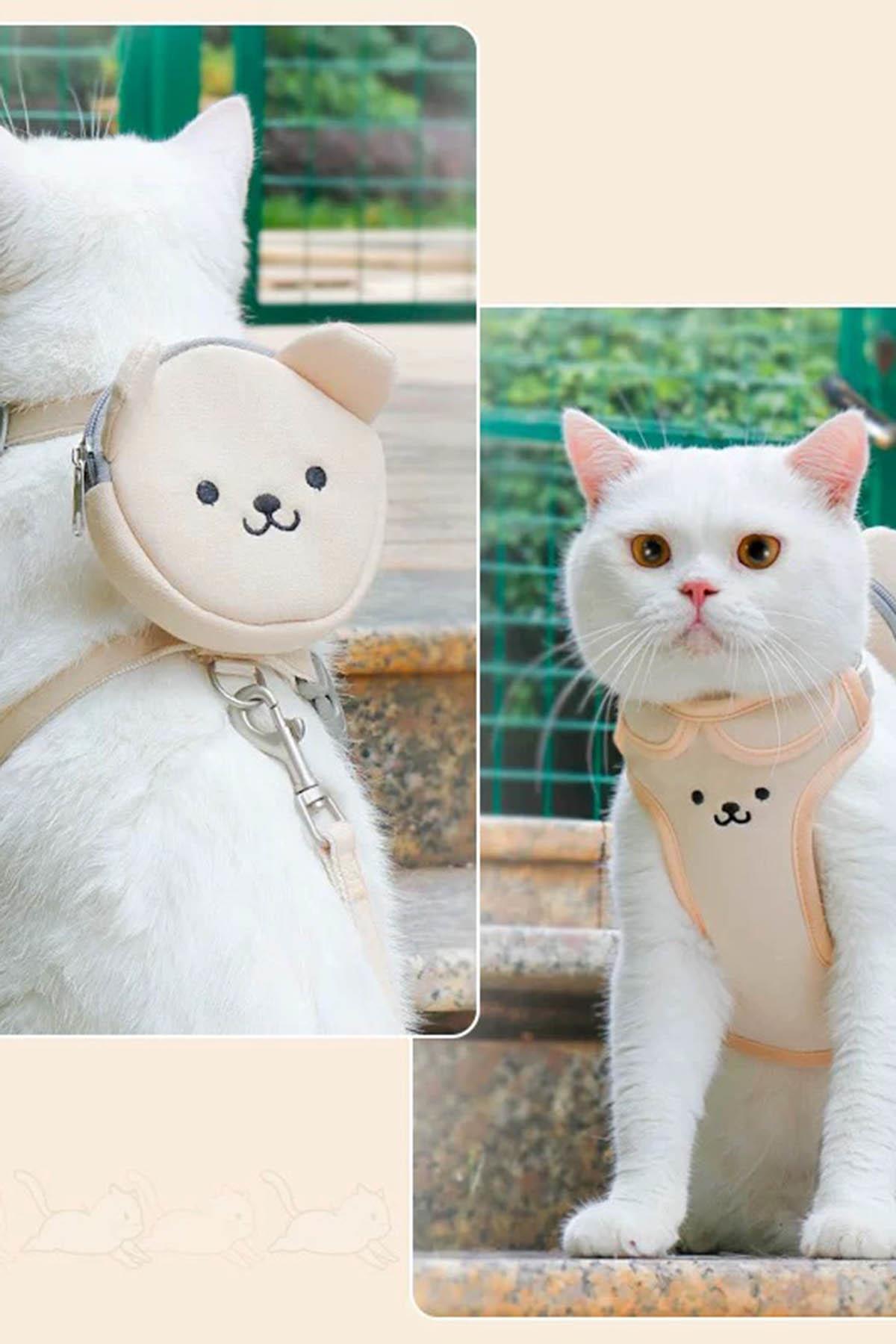 Krem Renk Ayıcık Figürlü Bel Göğüs Ayarlanabilir Kedi/Köpek Tasma