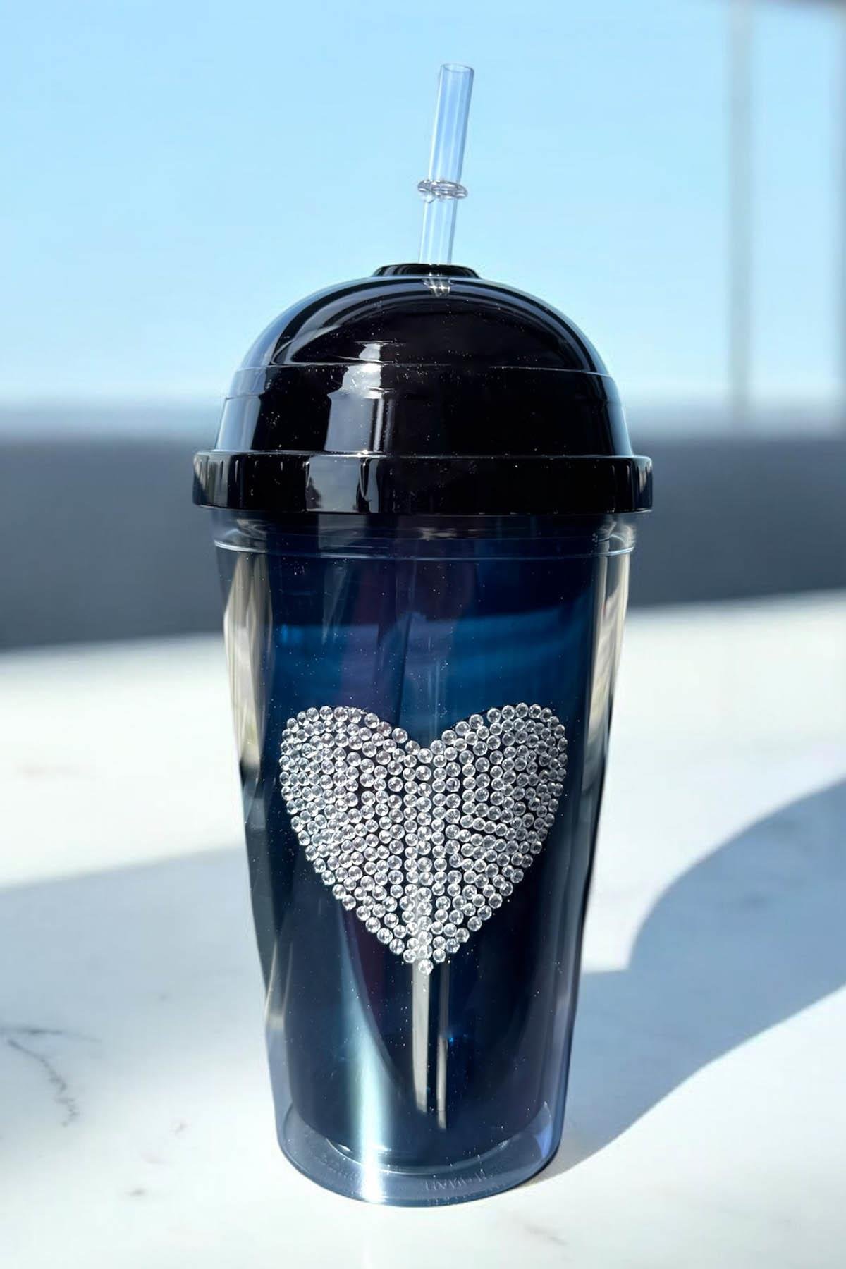 Lacivert Renk Kalp Figürlü Taş Detaylı Pipetli Suluk