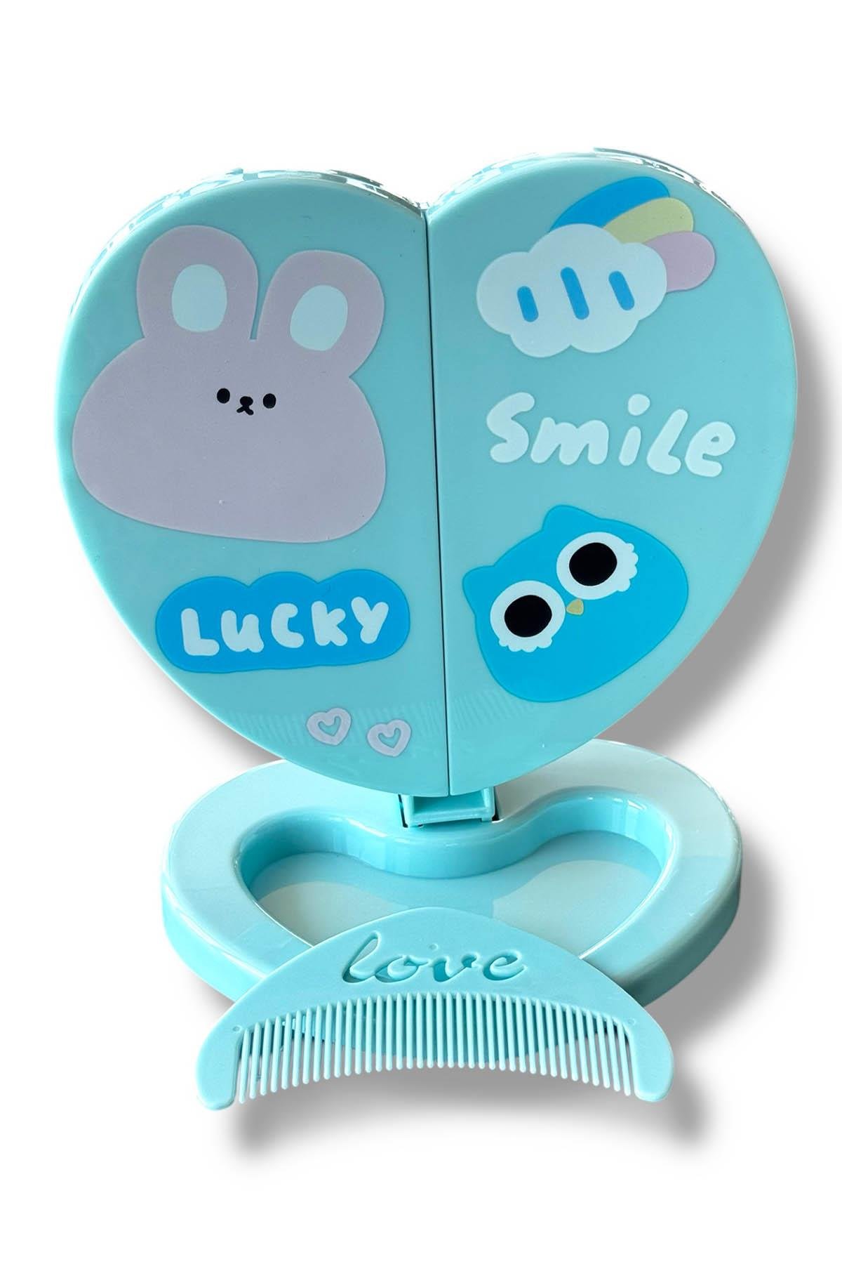 Mavi Renk Karışık Figürlü Kalp Detaylı Tarak / Masa Aynası Set