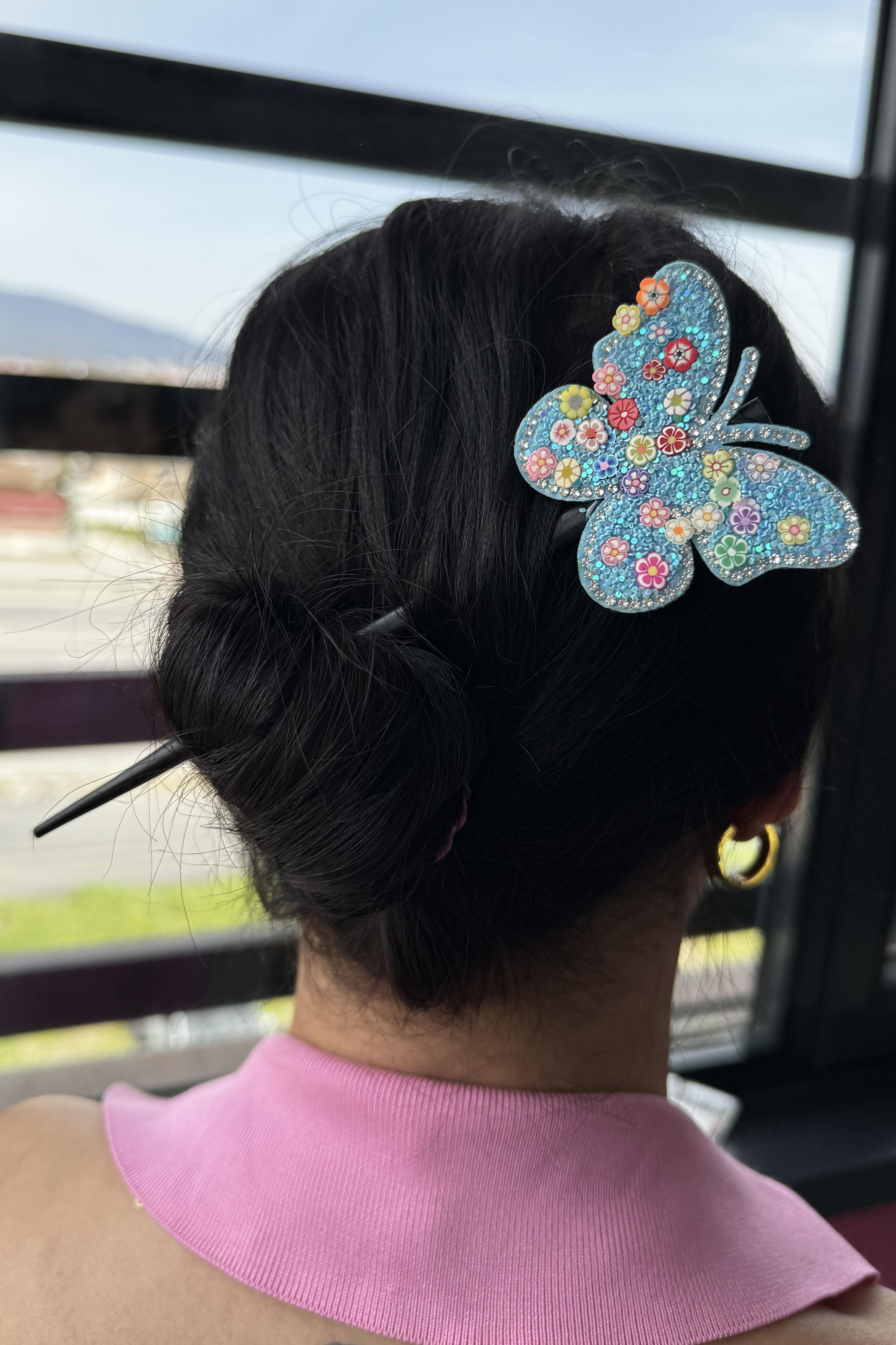 Mavi Renk Kelebek Figürlü Topuz Tokası/Topuz Kalemi