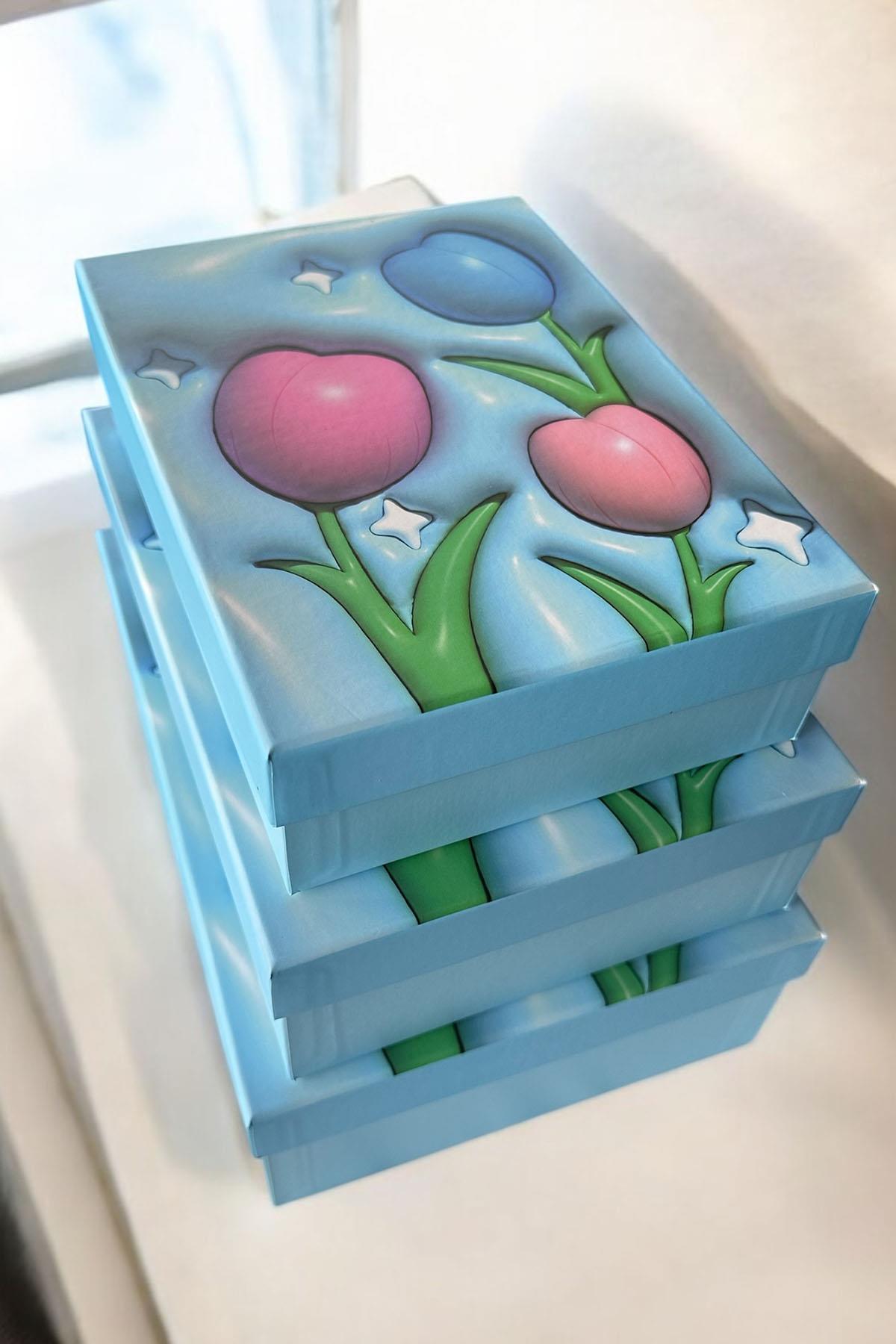 Mavi Renk Lale Figürlü 3'lü Hediye Kutusu Seti